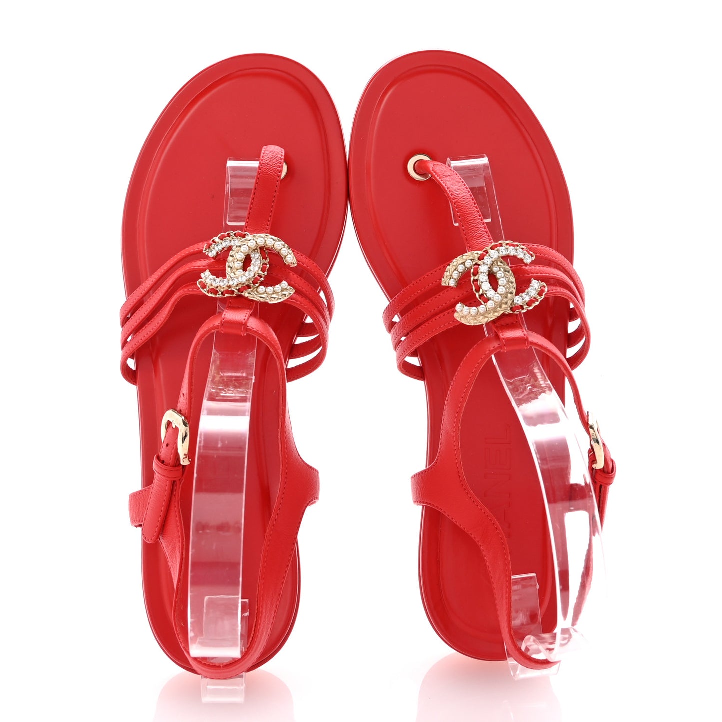 Lambskin Pearl Crystal CC Thong Sandals 38.5 Red
