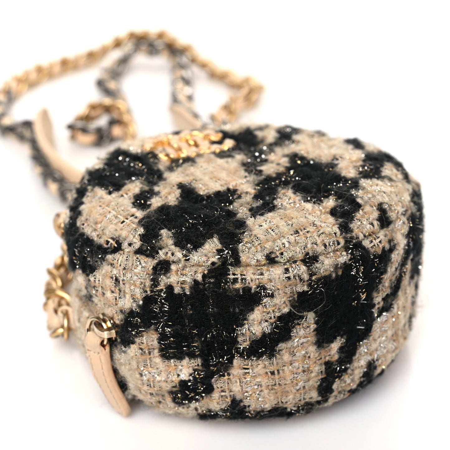 Wool Tweed Lambskin Quilted Chanel 19 Round Clutch With Chain and Coin Purse Beige Black