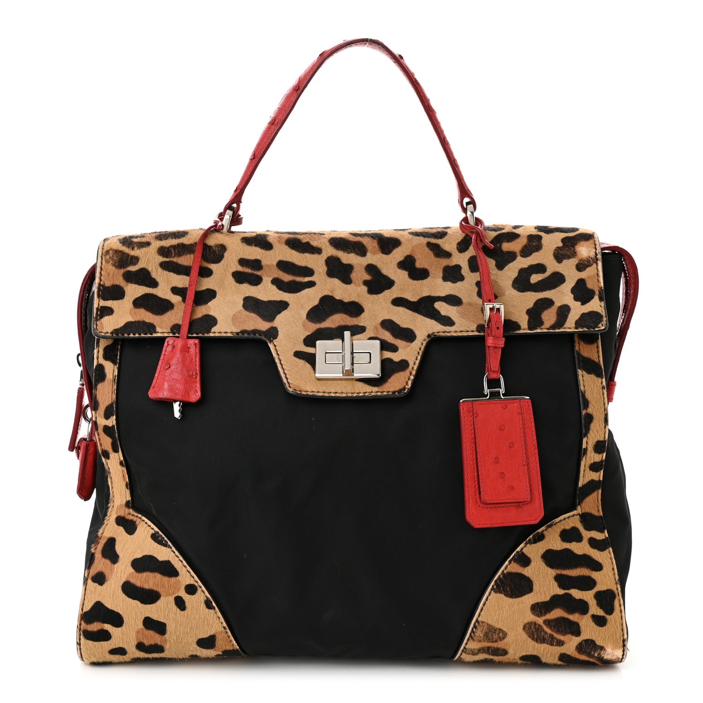 Tessuto Cavallino Ostrich Leopard Print Tote Black Miele Rosso