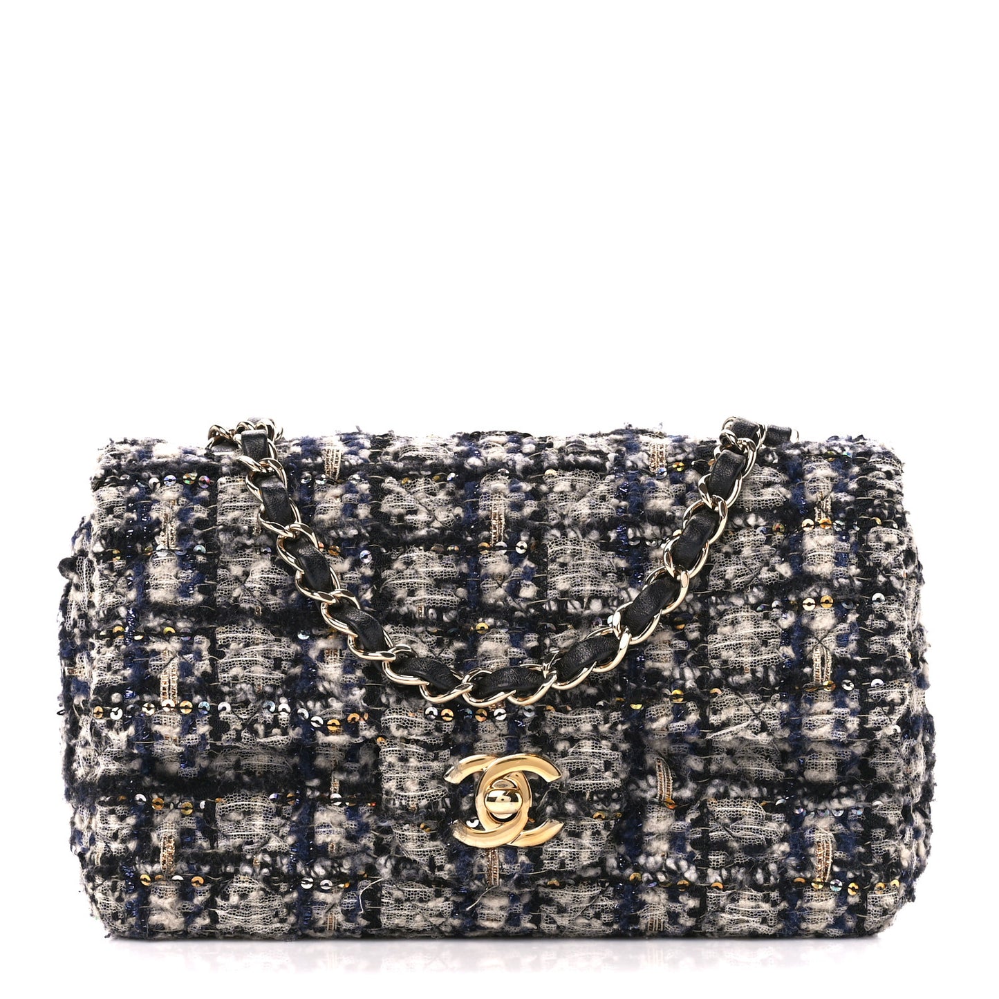 Glittered Tweed Quilted Mini Rectangular Flap Navy Blue