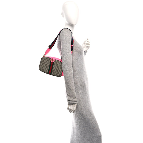 GG Supreme Monogram Textured Dollar Calfskin Web Ophidia Small Crossbody Bag Beige Ebony Fuchsia