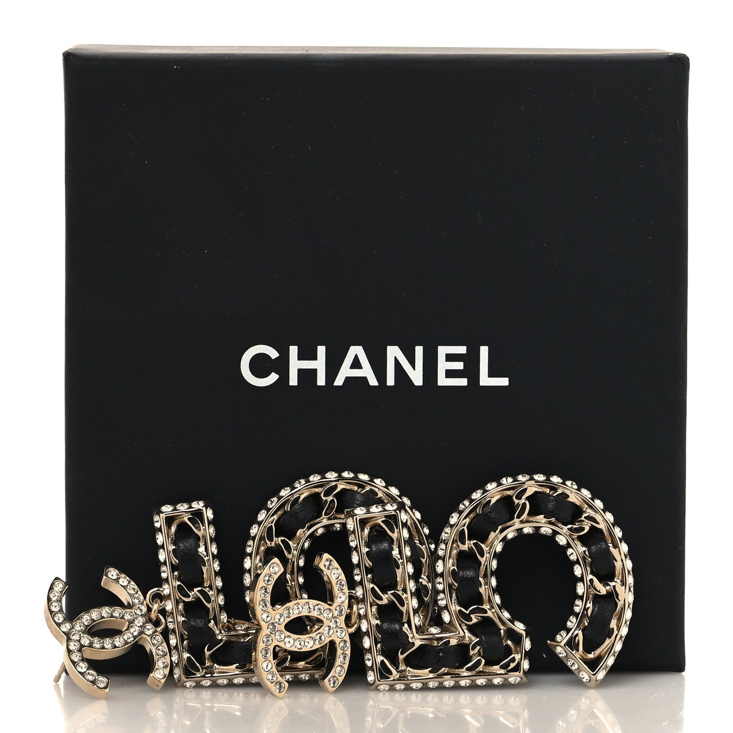 Crystal Lambskin Chain CC No 5 Drop Earrings Gold Black