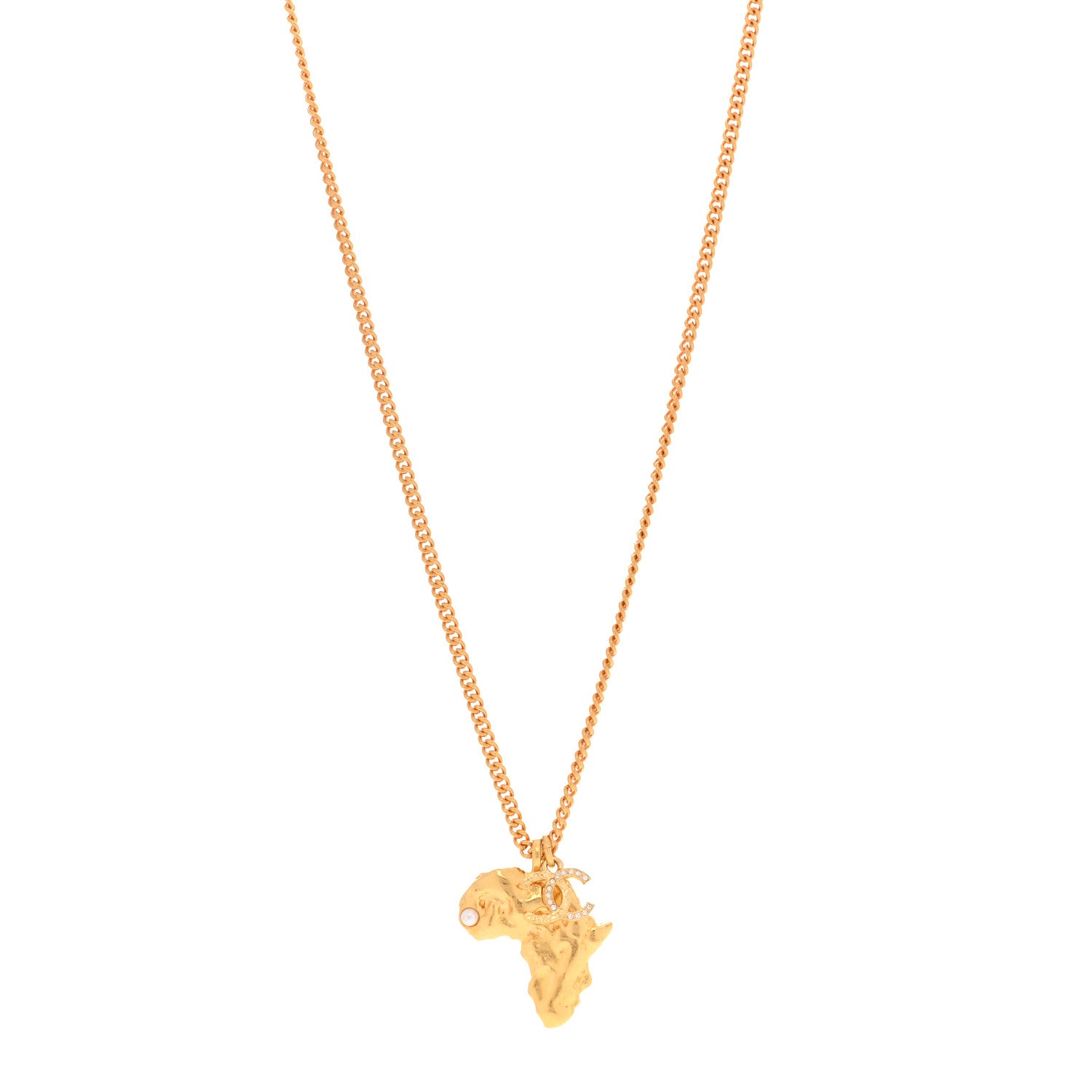 Chanel Crystal Pearl CC Africa Pendant Necklace Gold White 1873713