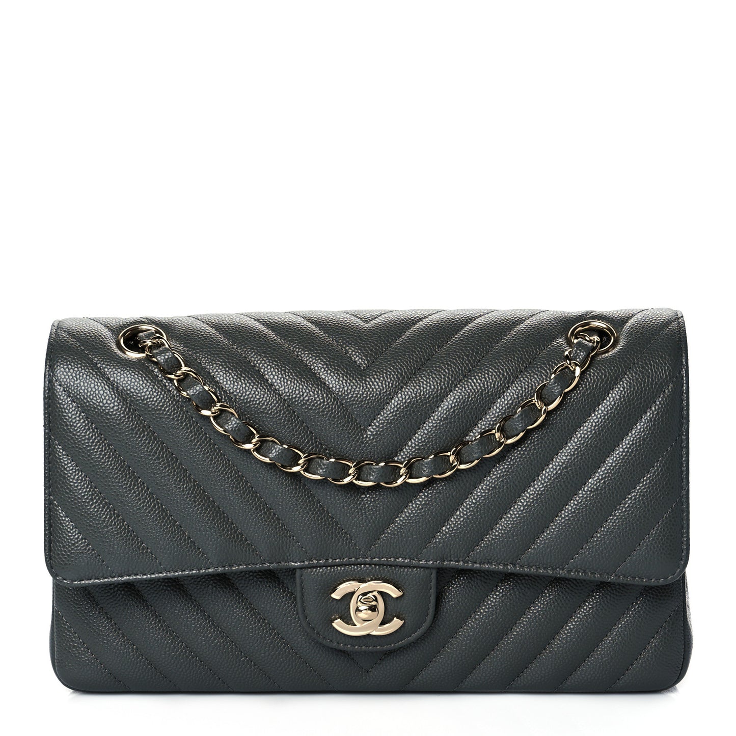 Caviar Chevron Quilted Medium Double Flap Dark Grey