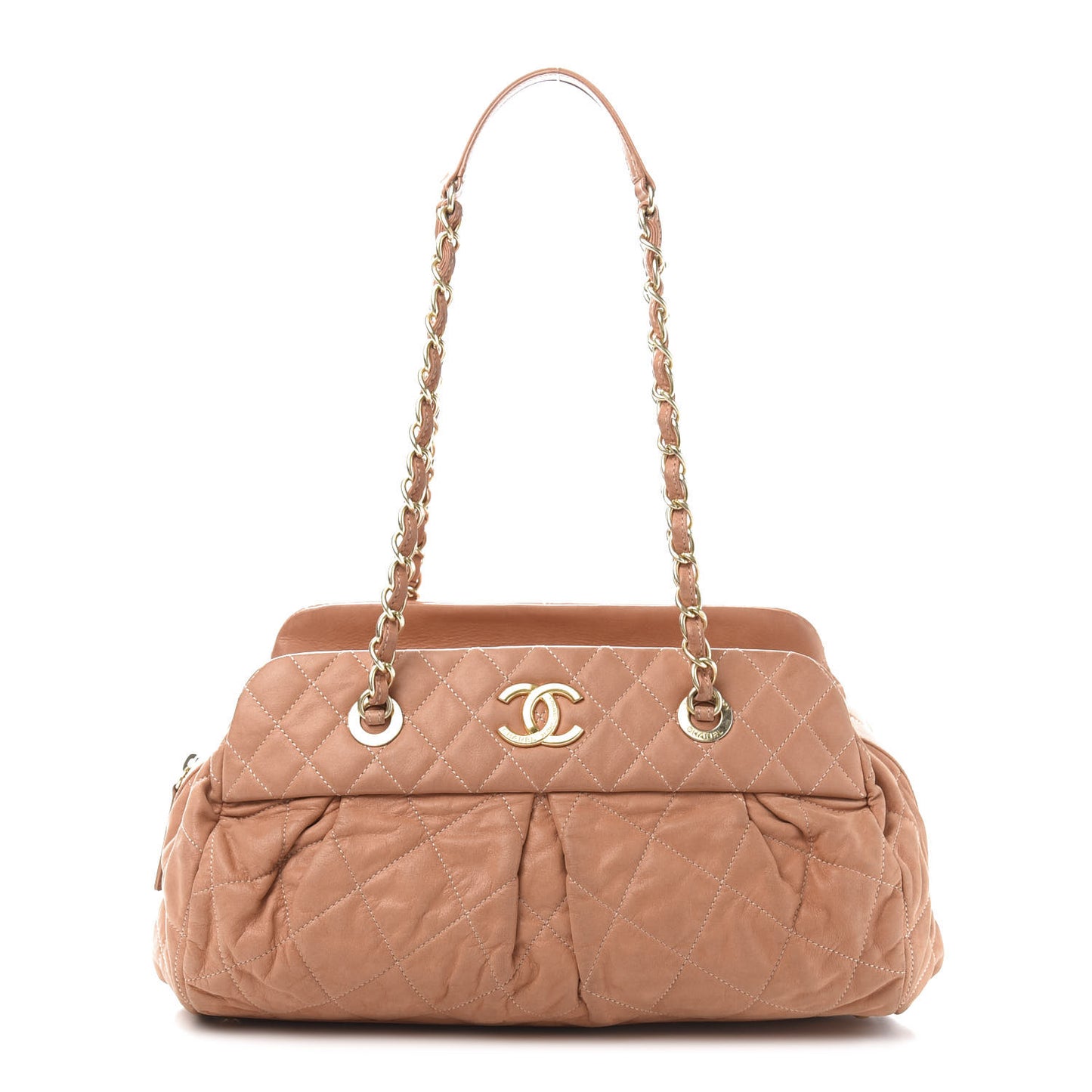 Iridescent Calfskin Chic Quilt Bowling Bag Dark Beige