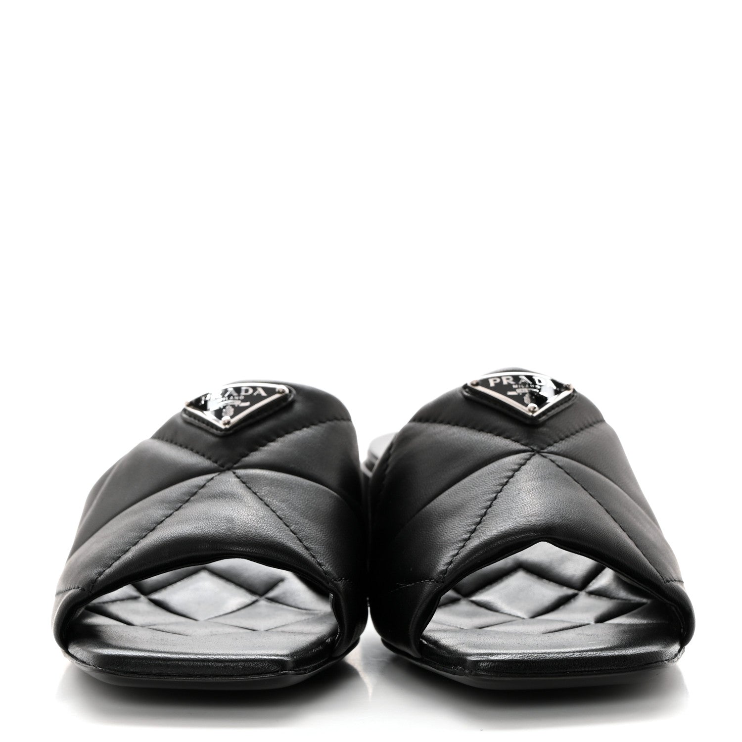 Prada Nappa Metal Triangle Logo Quilted Block Heel Slide Sandals 36 Black 2 of 7