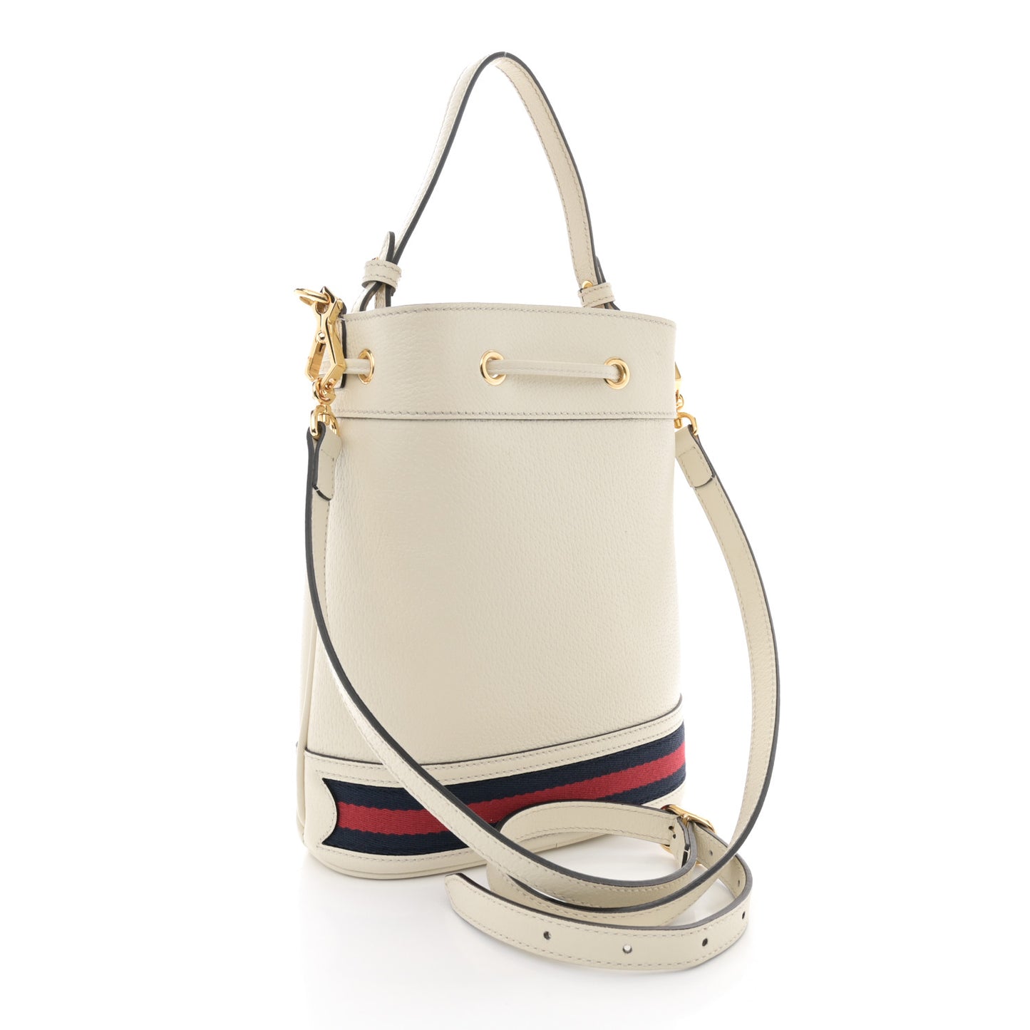 Glazed Textured Calfskin Web Small Ophidia Bucket Bag Mystic White