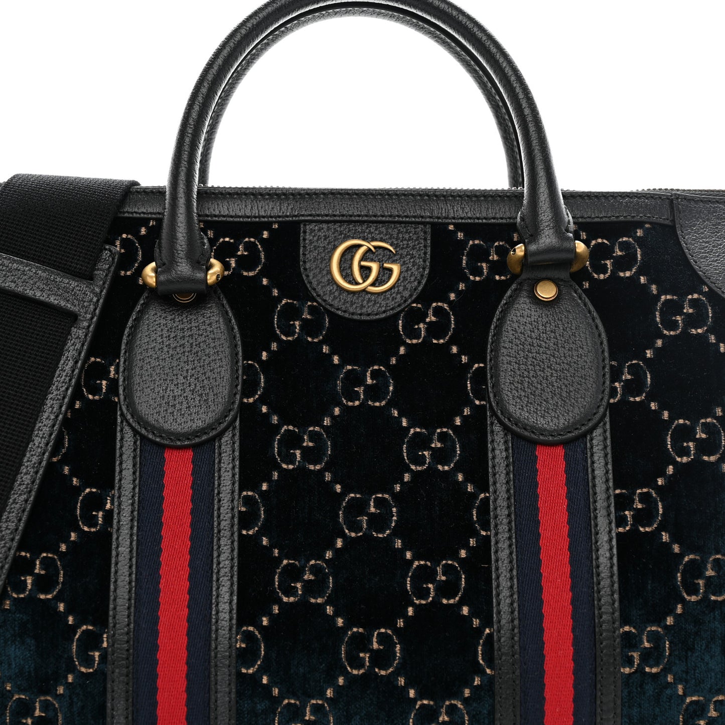 Velvet GG Monogram Textured Calfskin Web Medium Duffle Bag Blue Beige Black