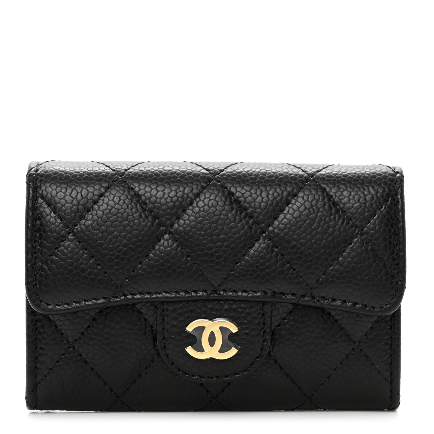 Caviar Quilted Flap Card Holder Wallet Black