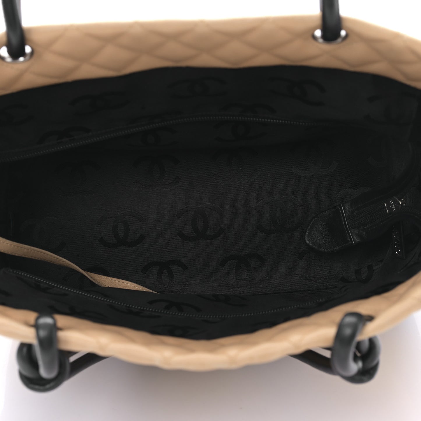 Calfskin Quilted Large Cambon Tote Beige Black