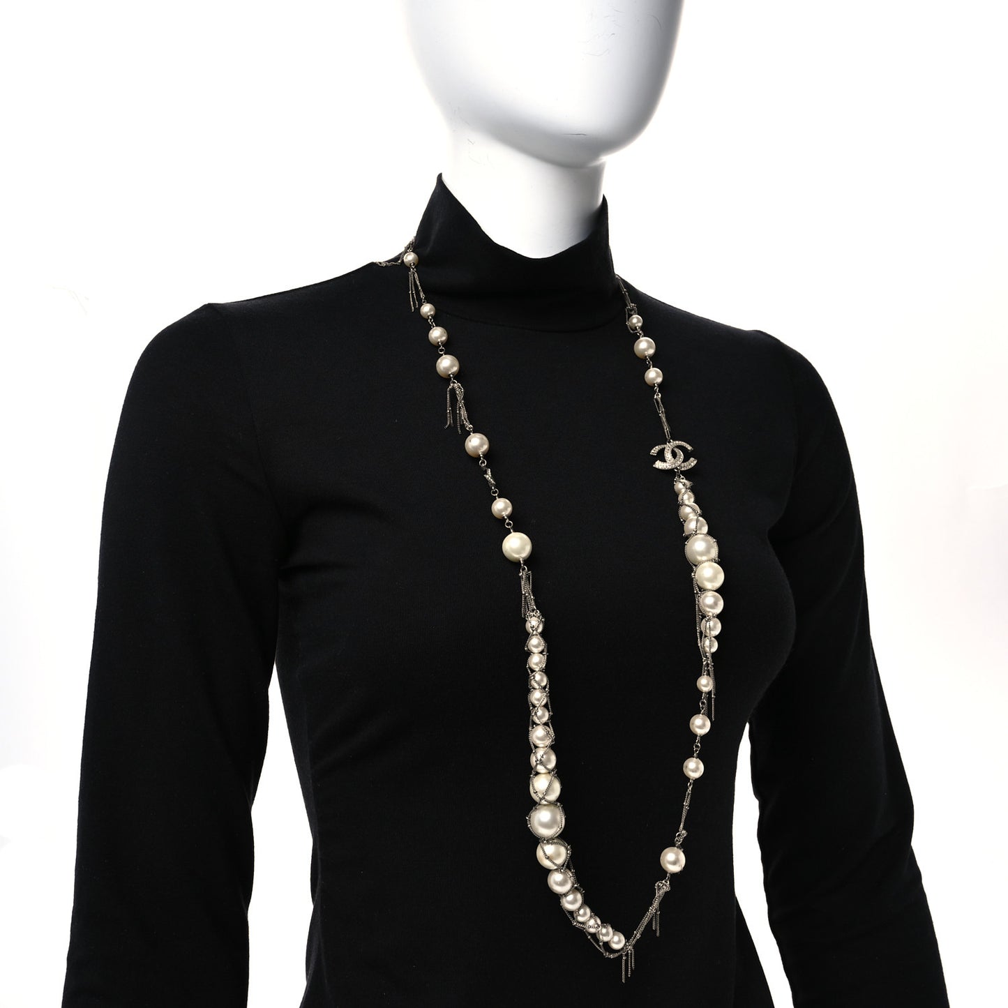 Crystal Pearl Multi Strand Chain CC Long Necklace Silver