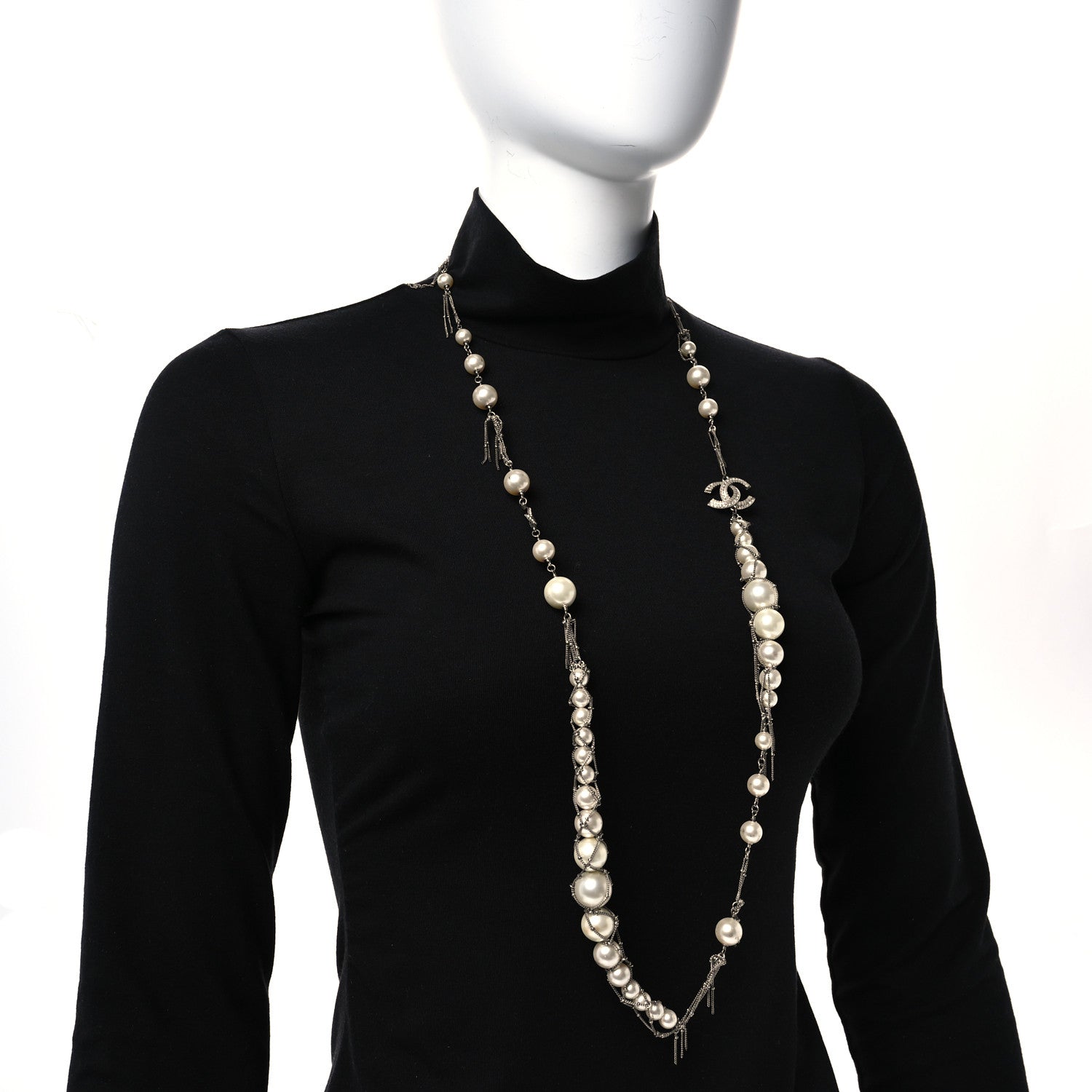 Chanel Crystal Pearl Multi Strand Chain CC Long Necklace Silver 2 of 6