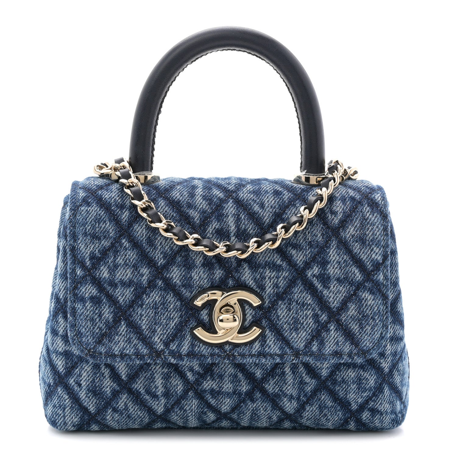 Chanel Washed Denim Quilted Coco Handle Clutch With Chain Blue
