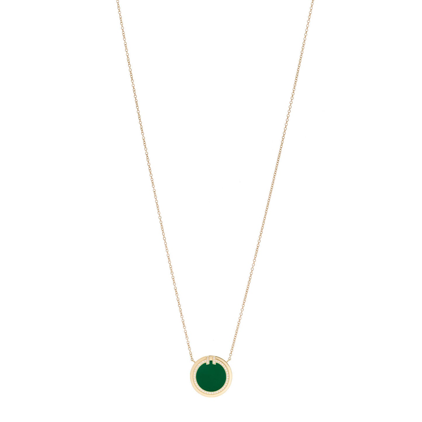 18K Yellow Gold Diamond Green Agate T Circle Pendant Necklace