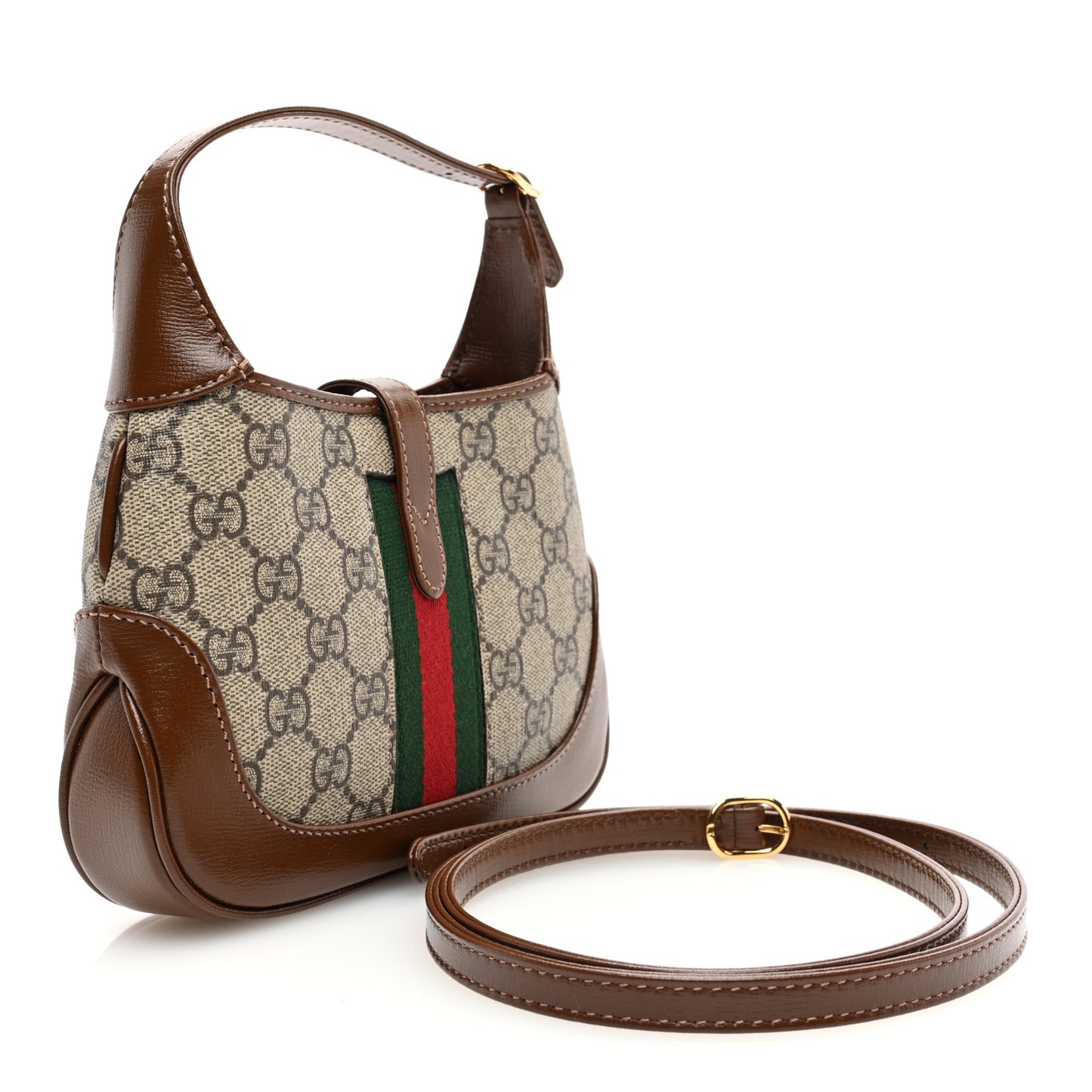 GG Supreme Monogram Azalea Calfskin Web Mini Jackie 1961 Hobo Beige Ebony Brown Sugar