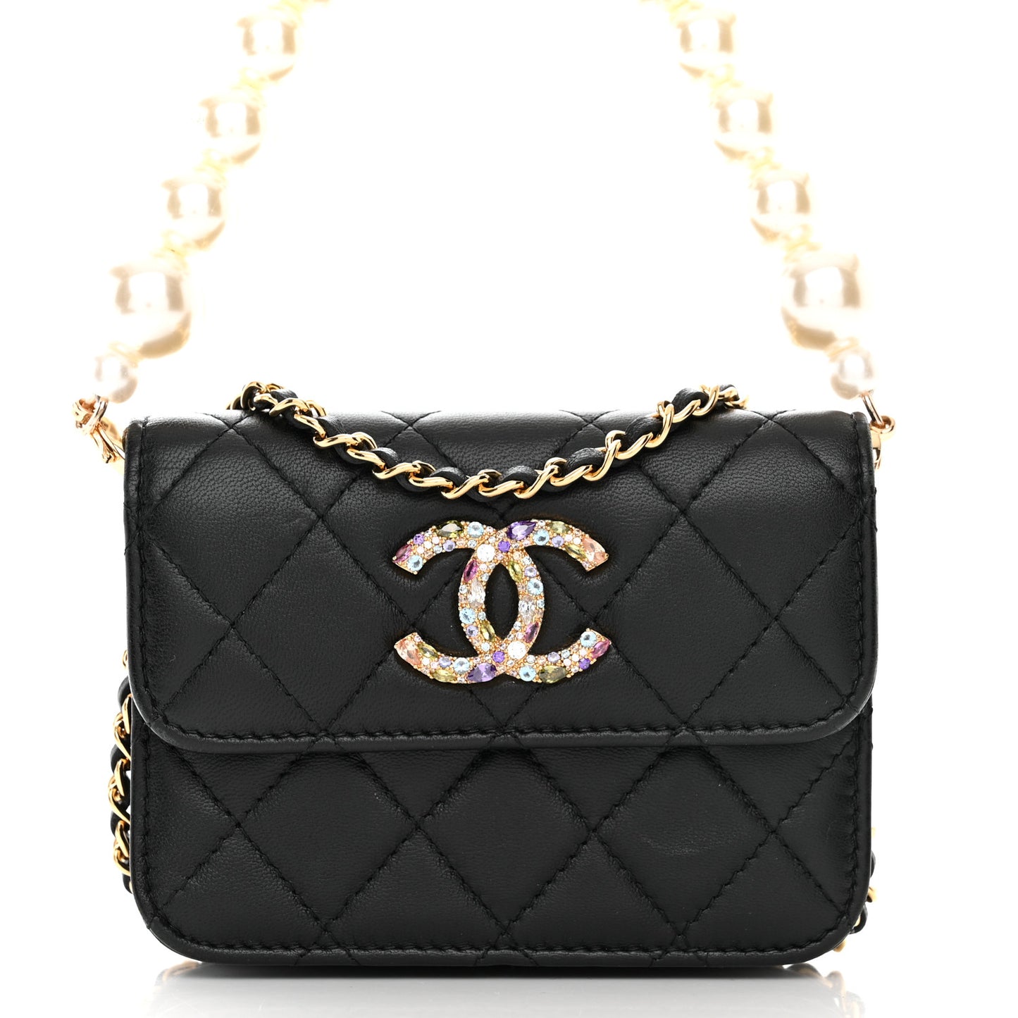 Lambskin Quilted Zirconium Pearl Card Holder Flap With Chain Black