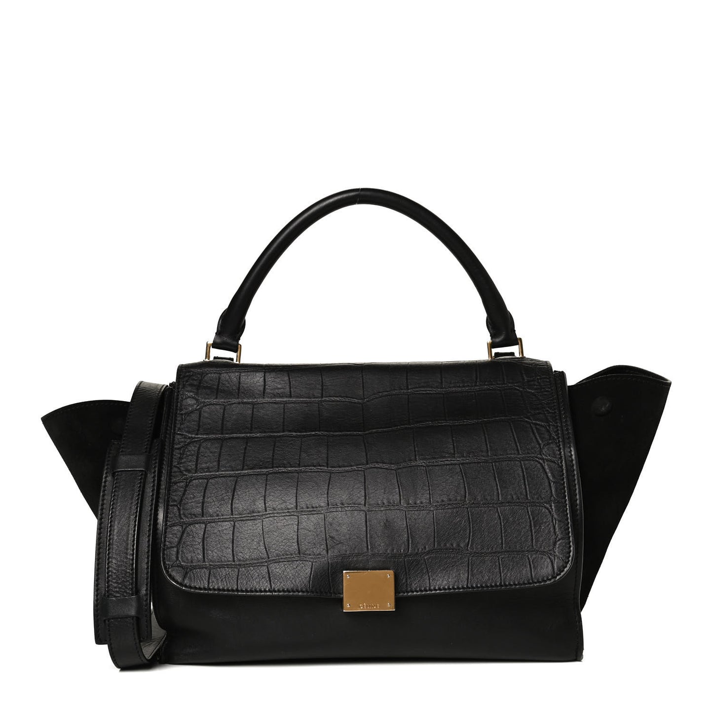 Crocodile Embossed Calfskin Suede Medium Trapeze Black