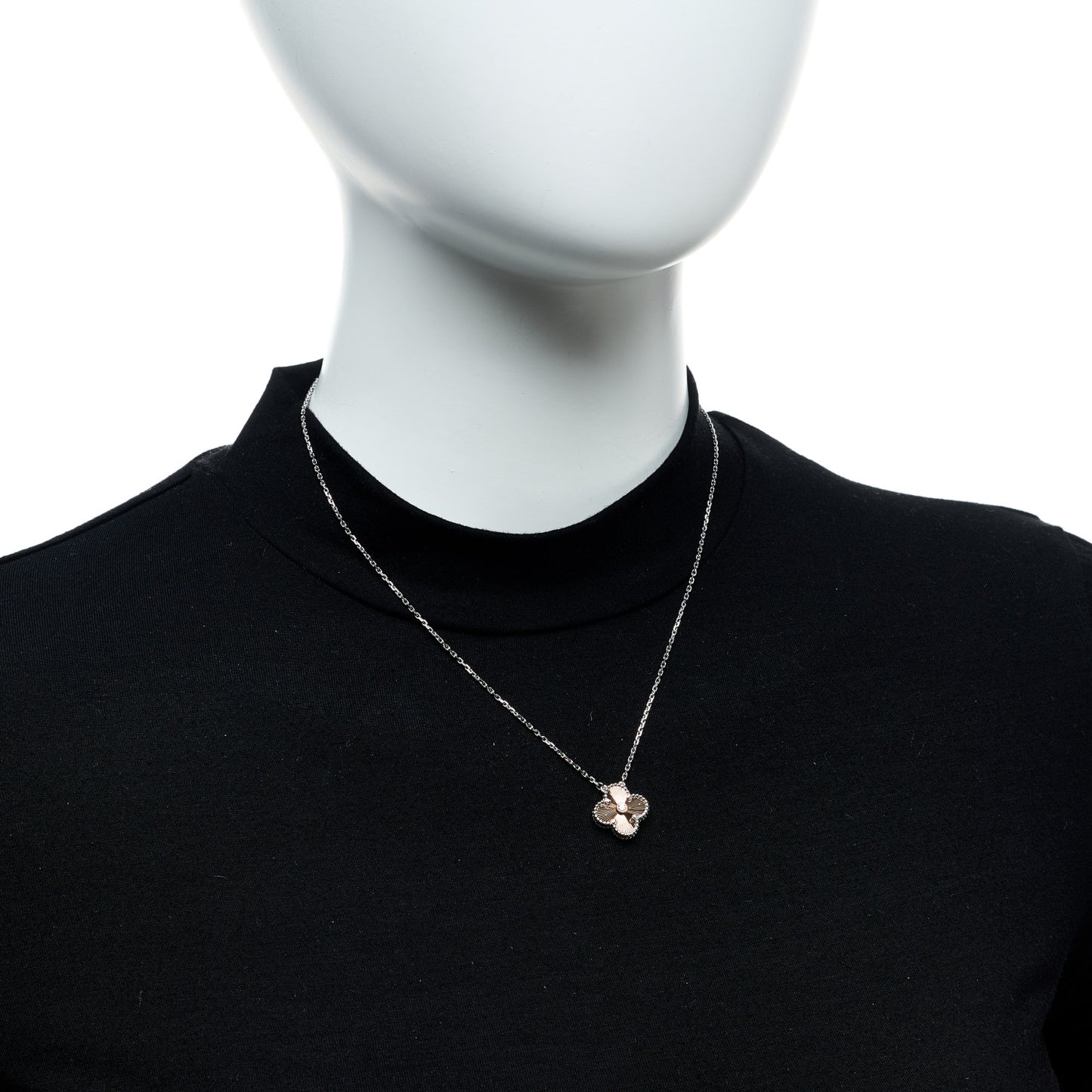 18K White Rose Gold Diamond Guilloche Vintage Alhambra Pendant Necklace