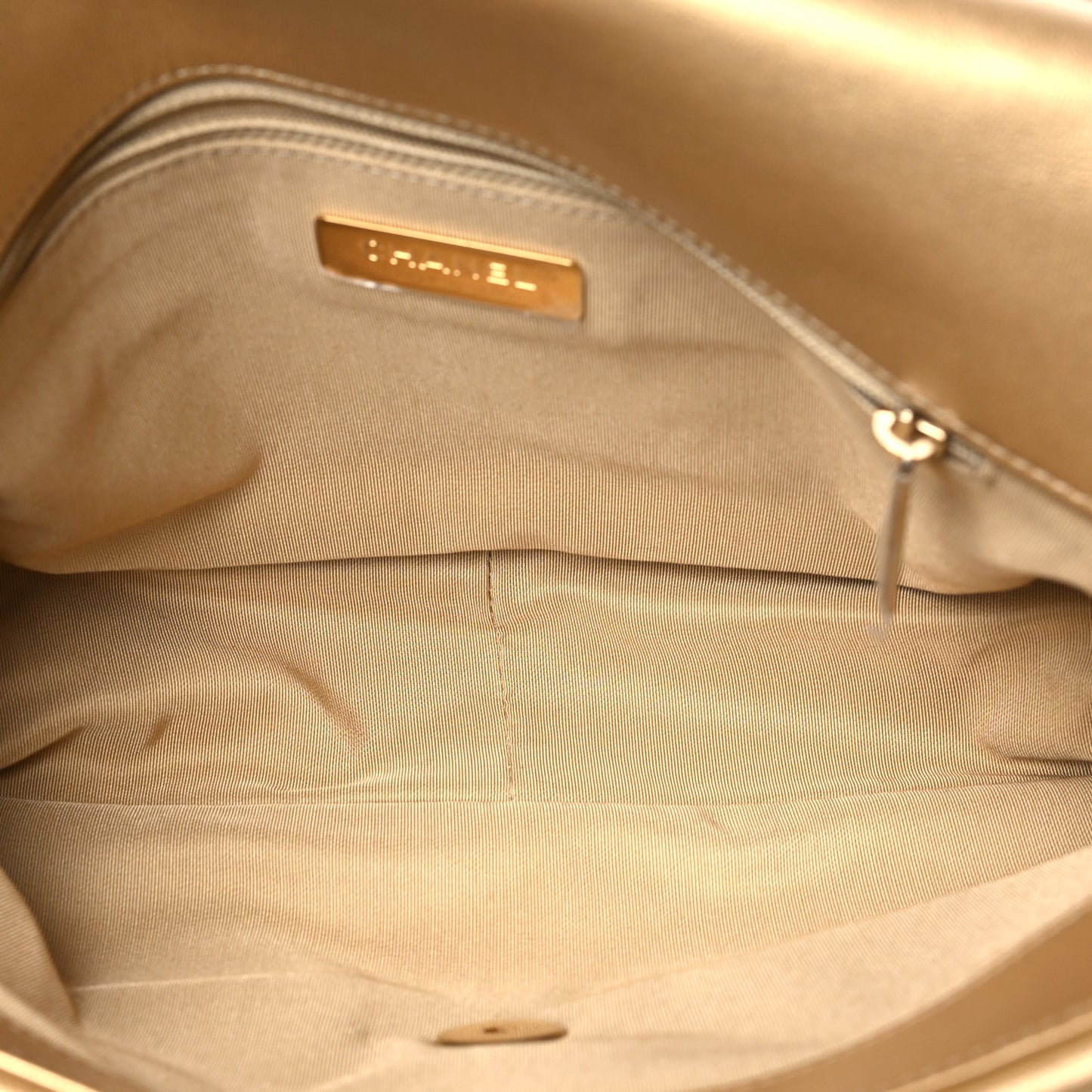 Metallic Goatskin Quilted Large Chanel 19 Flap Gold