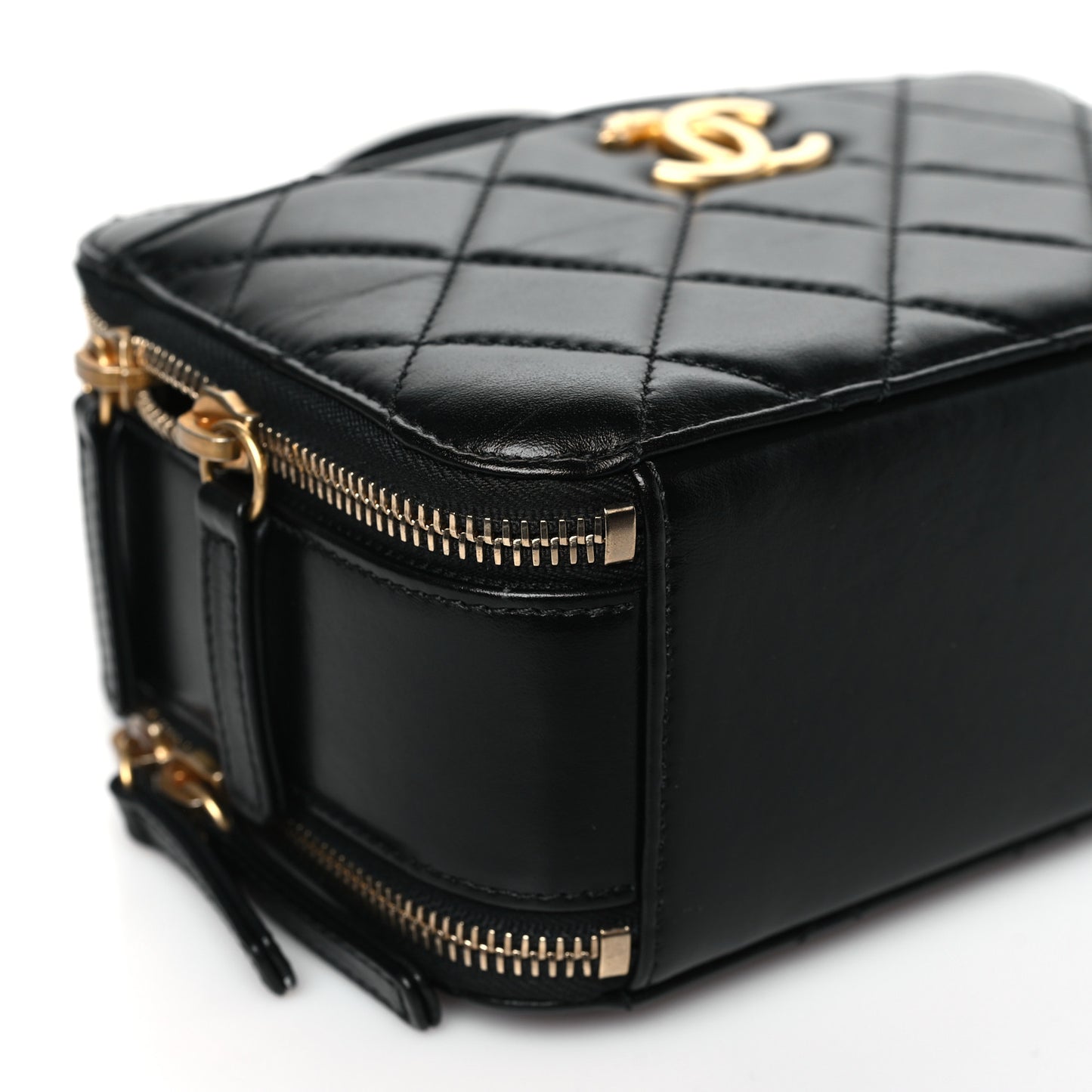 Shiny Calfskin Quilted Top Handle Vanity Black