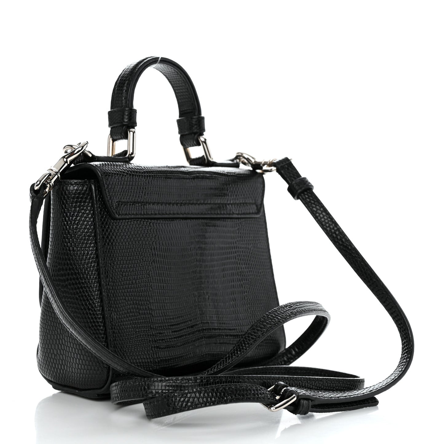 Lizard Calfskin Embossed Small Monica Top Handle Bag Black