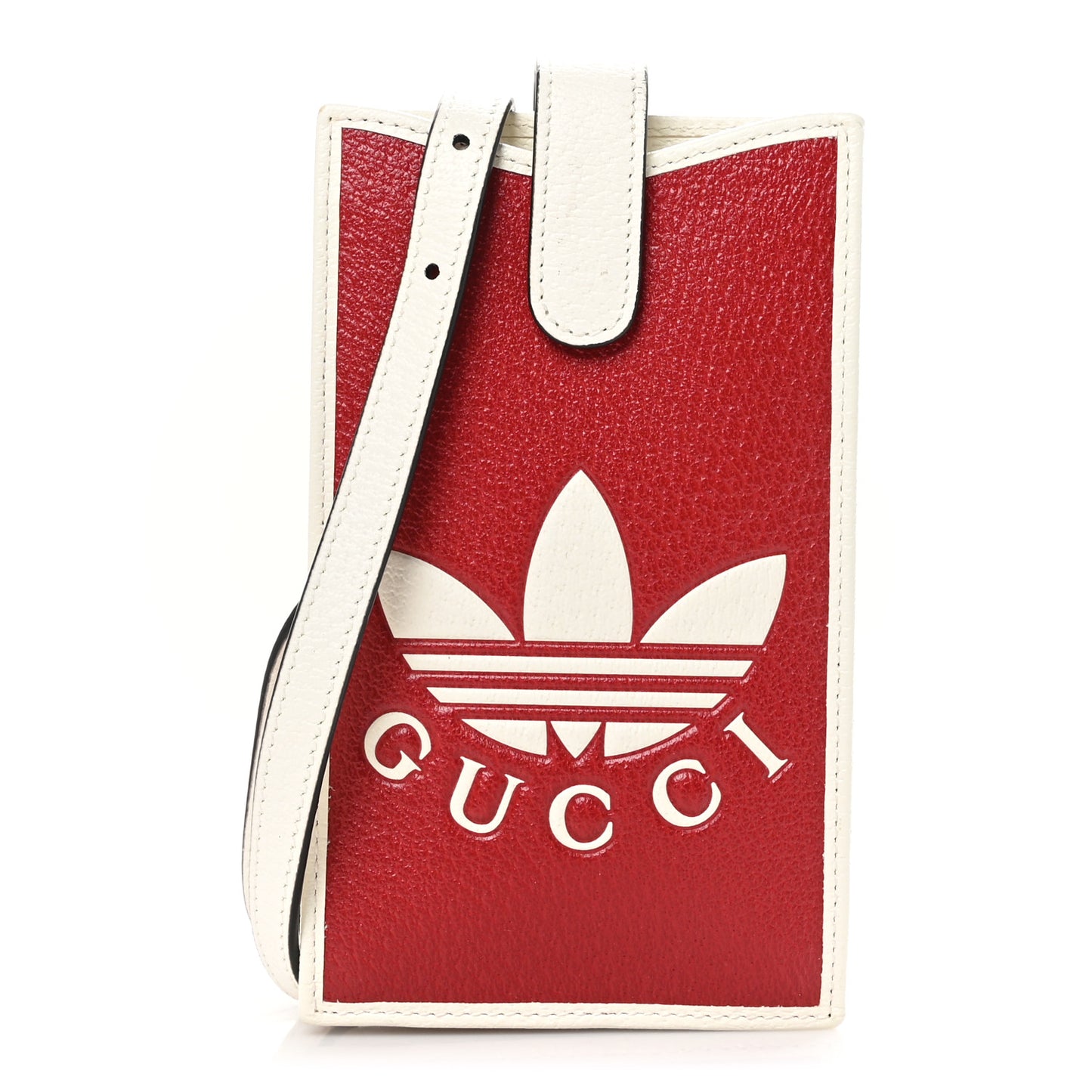 X ADIDAS Textured Dollar Calfskin Trefoil Embossed Phone Crossbody Bag Hibiscus Red Off White