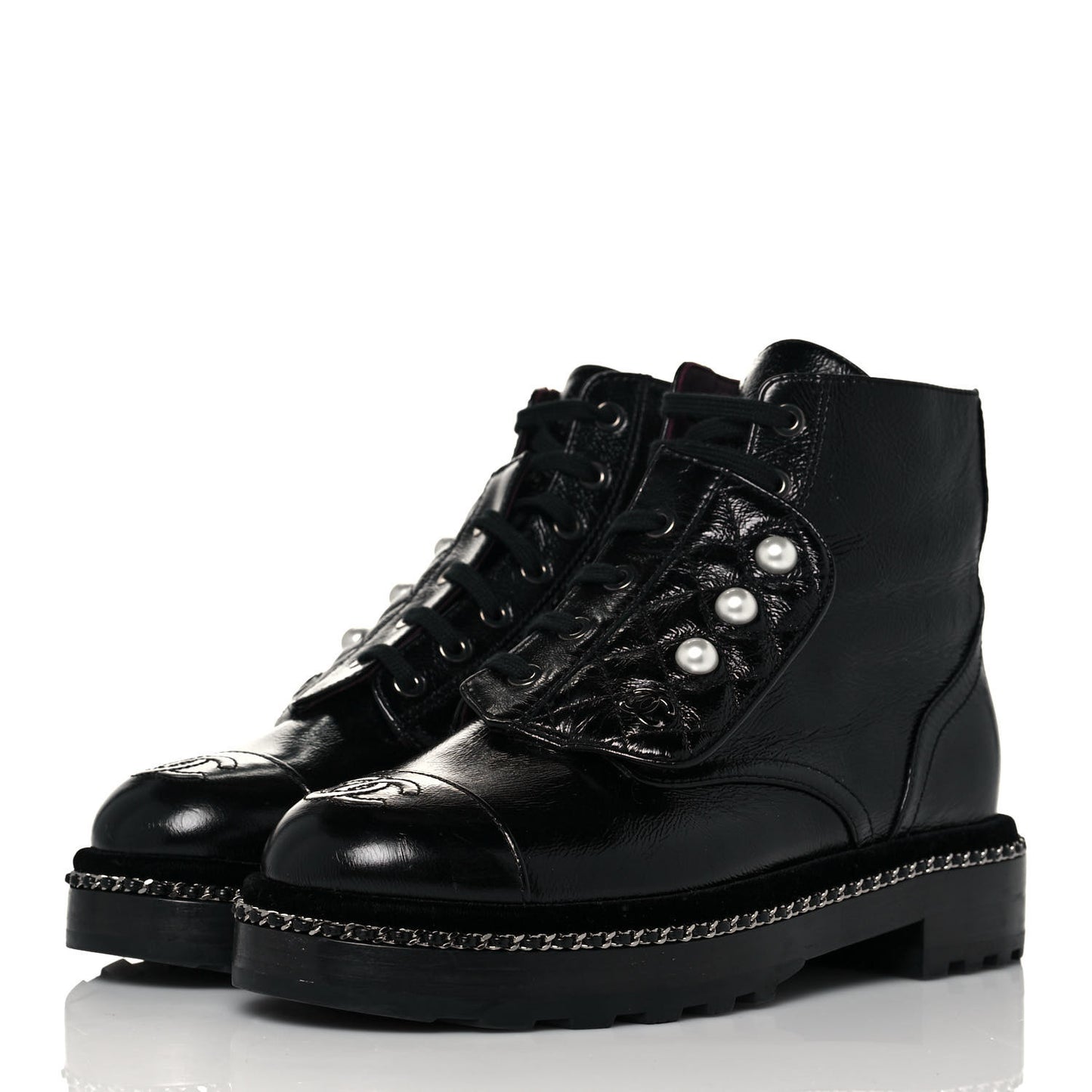 Crackled Calfskin Velvet Pearl Combat Short Boots 36.5 Black