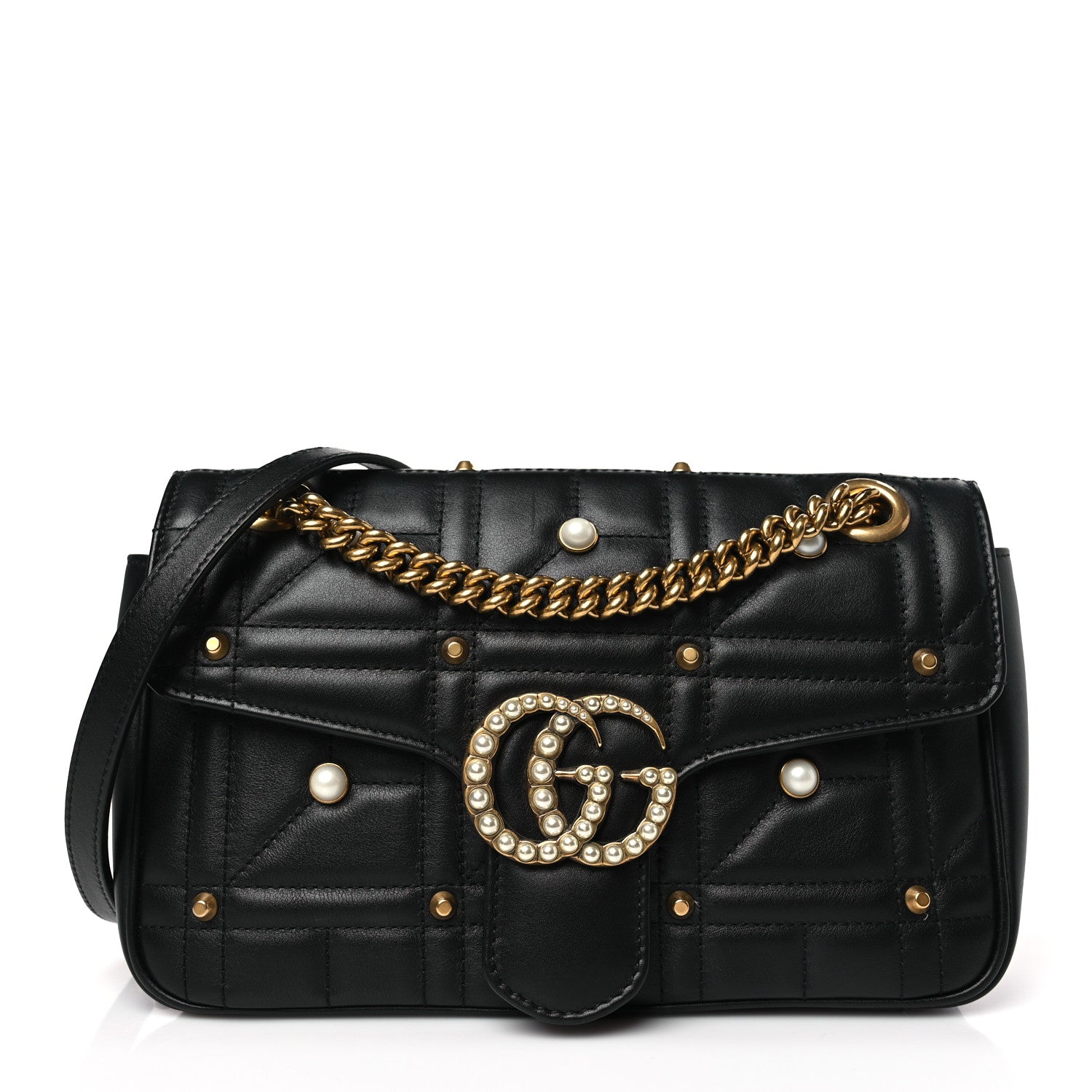 Gucci Calfskin Matelasse Studded Small Pearly GG Marmont Shoulder Bag Black 1 of 9