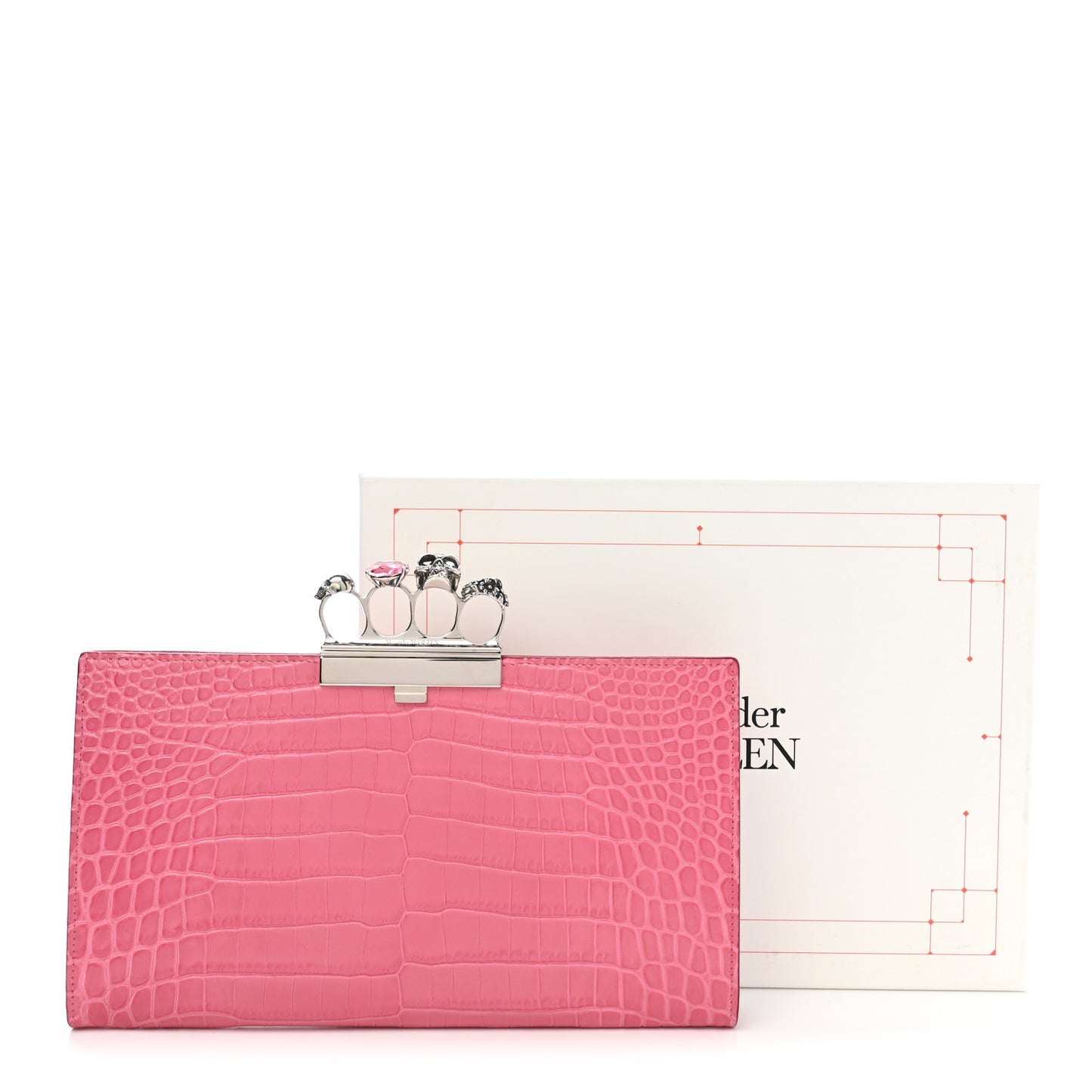 Calfskin Crocodile Embossed Knuckle Flat Clutch Pink