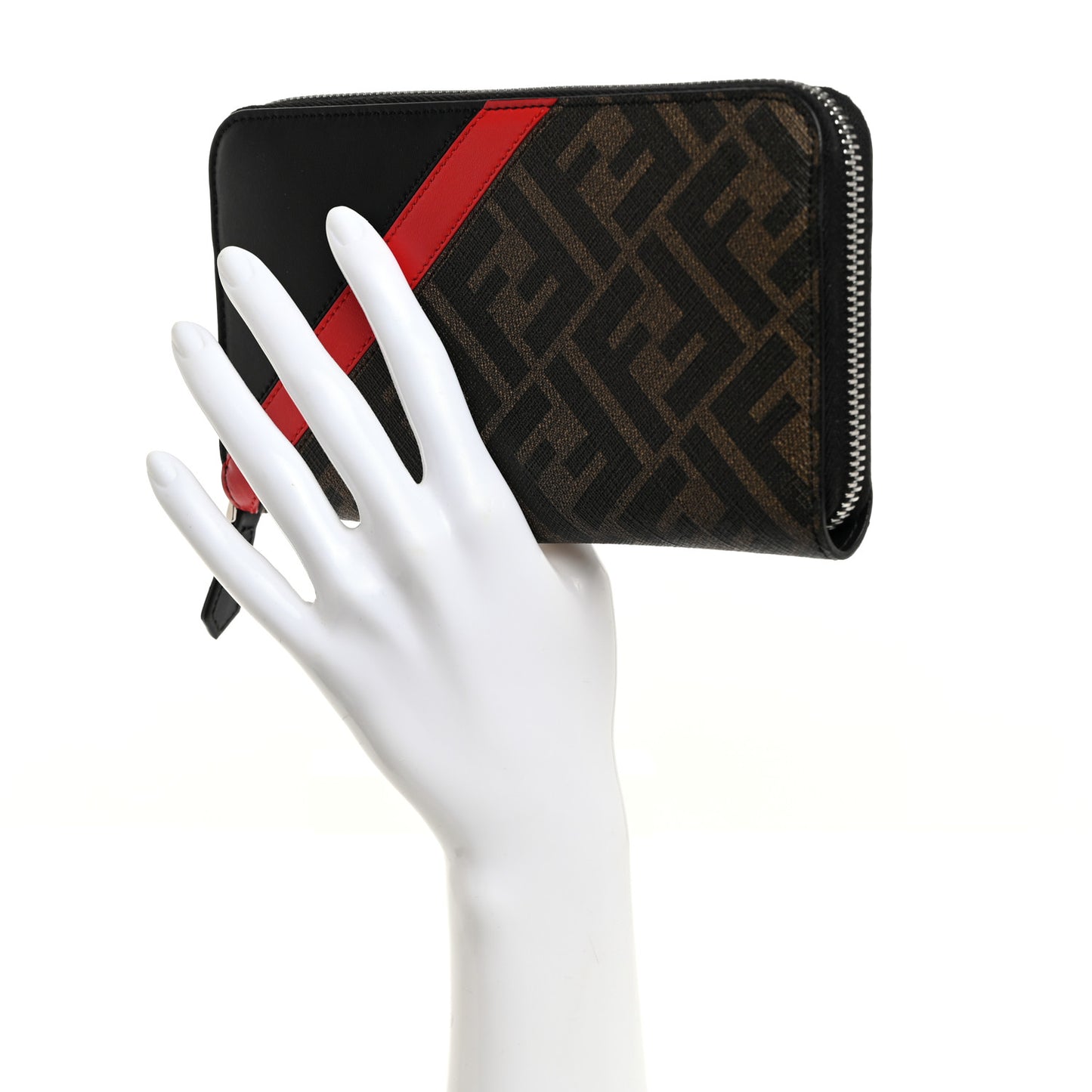 Glazed Fabric Vitello Liberty FF 1974 Diagonal Zip Around Wallet Tobacco Rosso Black
