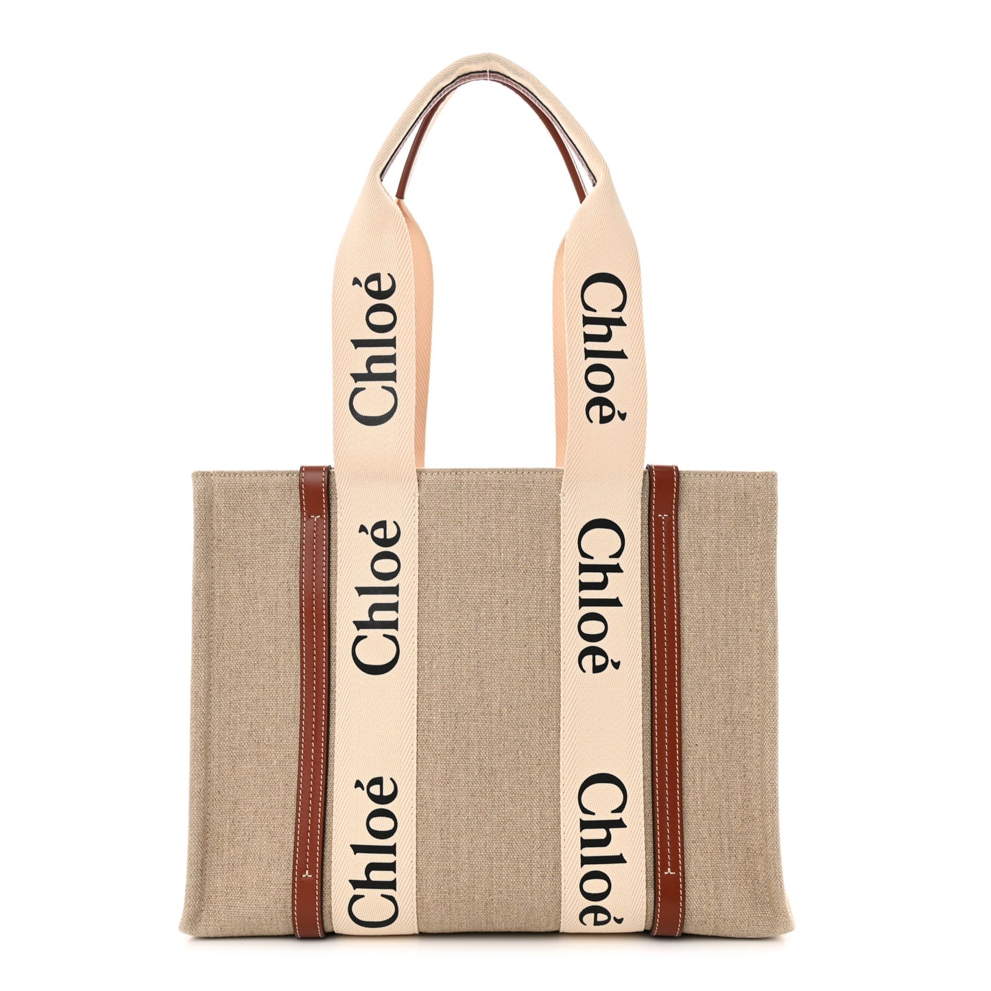 Linen Calfskin Medium Woody Ribbon Tote White Brown