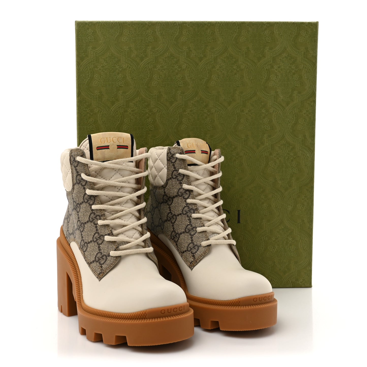Calfskin GG Supreme Monogram Nappa Quilted Lace Up Ankle Boots 35 Mystic White Beige