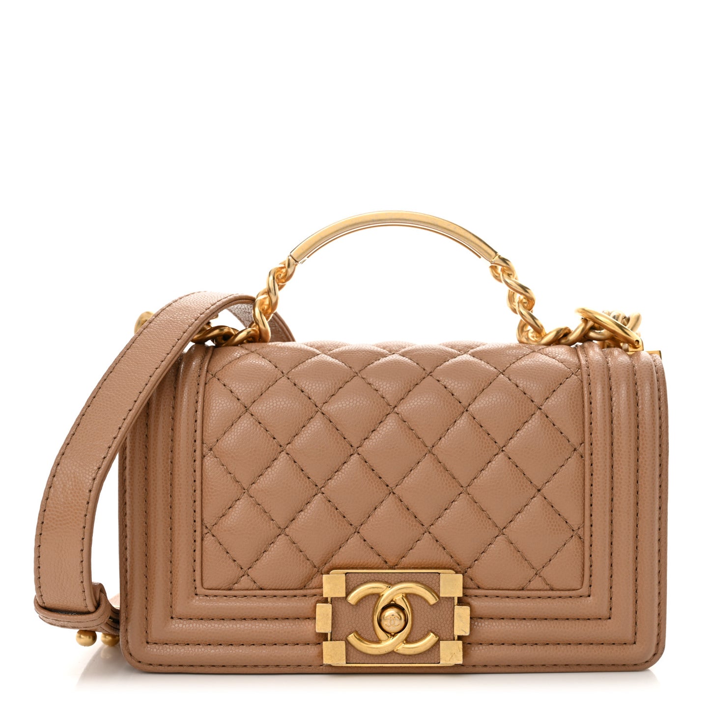 Caviar Quilted Small Top Handle Boy Flap Beige