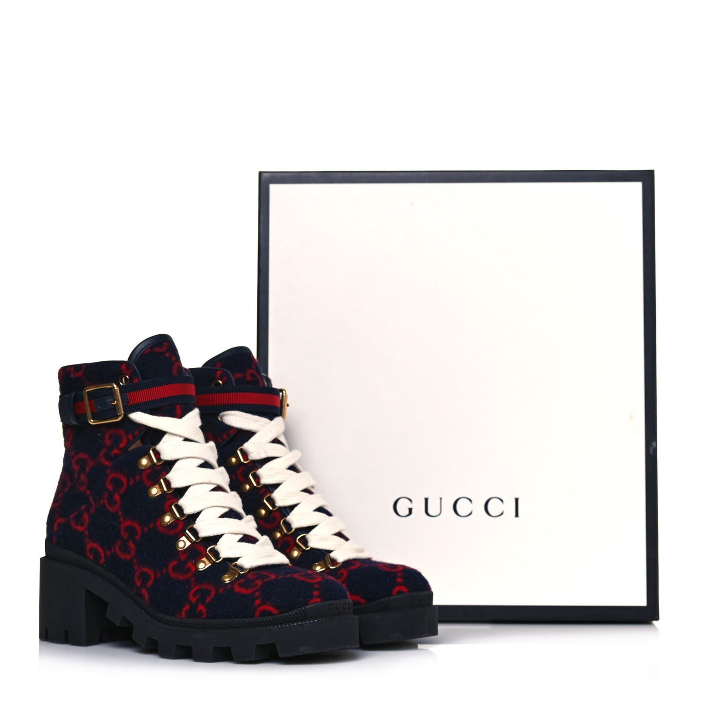 Covered Wool Big GG Monogram Womens Lace Up Combat Ankle Boots 38.5 Blue Red