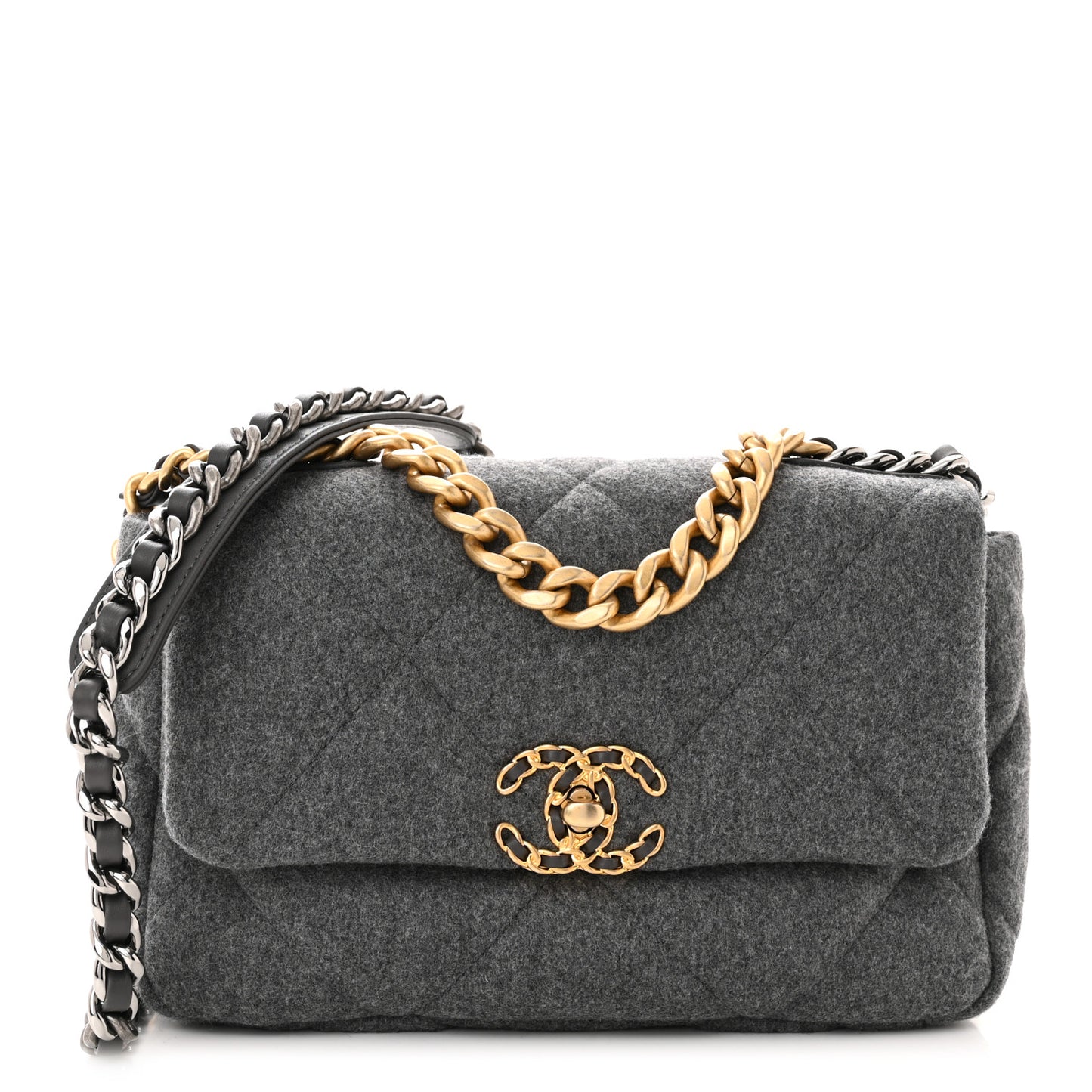 Wool Quilted Large Chanel 19 Flap Grey