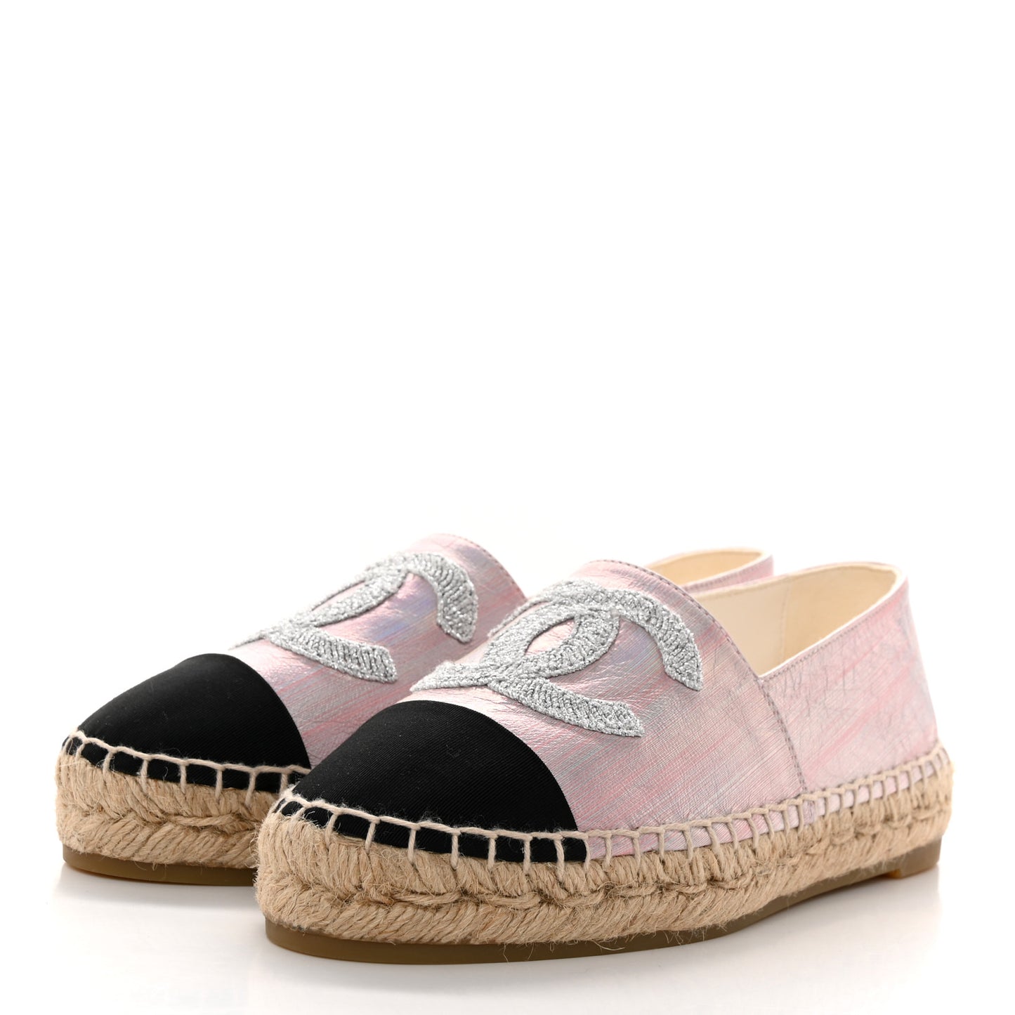 Laminated Lambskin Grosgrain Embroidered CC Espadrilles 36 Pink Silver Black