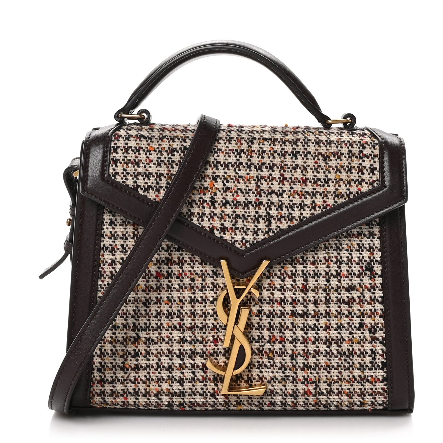Saint Laurent Tweed Calfskin Mini Classic Monogram Cassandra Top Handle Umber 1 of 11