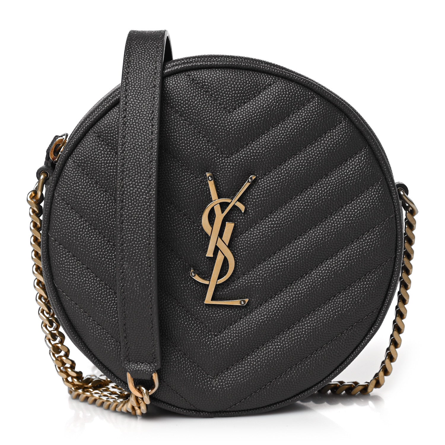 Saint Laurent Grain De Poudre Matelasse Chevron Quilted Round Vinyle Camera Bag Pebble 1 of 8