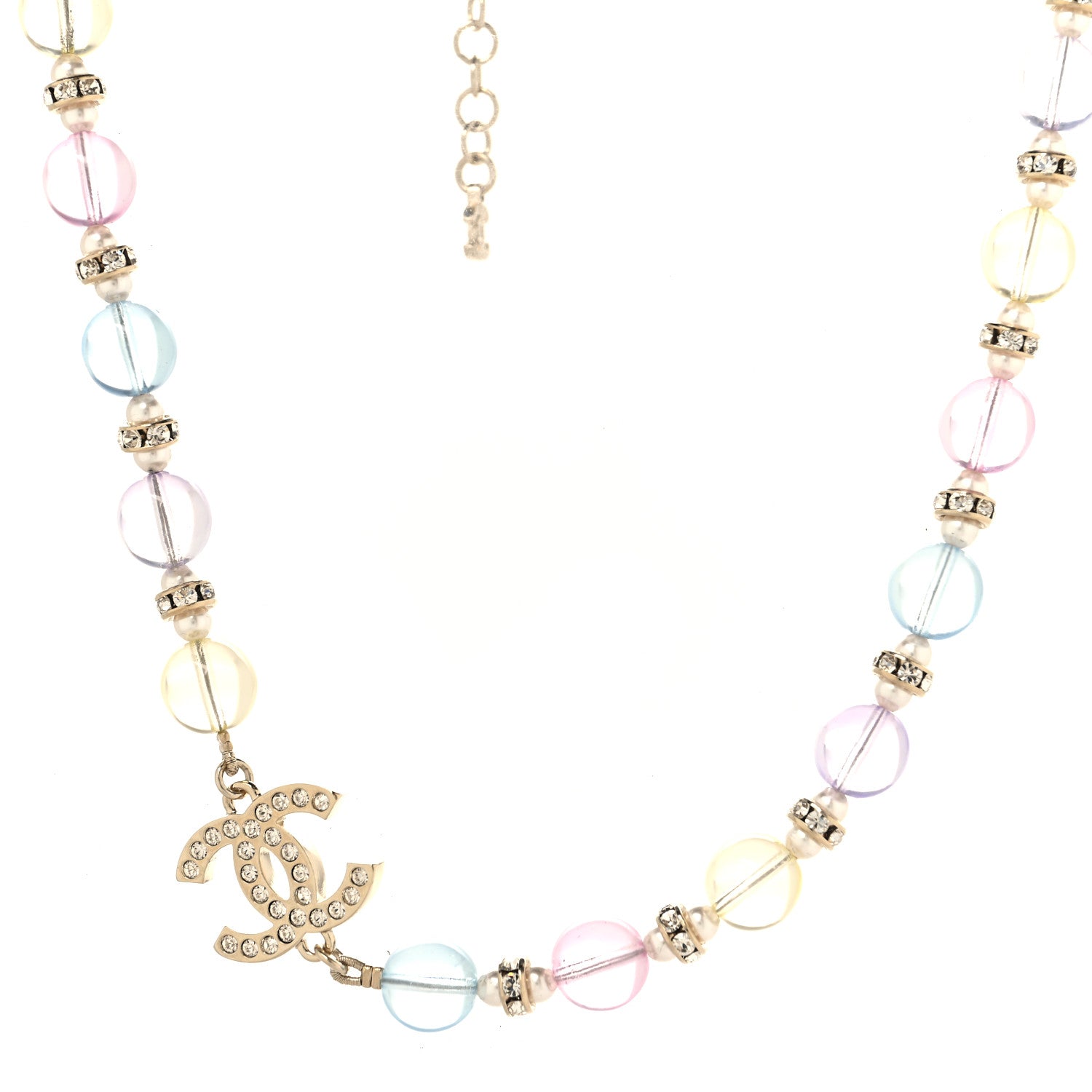 Chanel Metal Glass Pearl Strass Beaded CC Necklace Gold Pearly