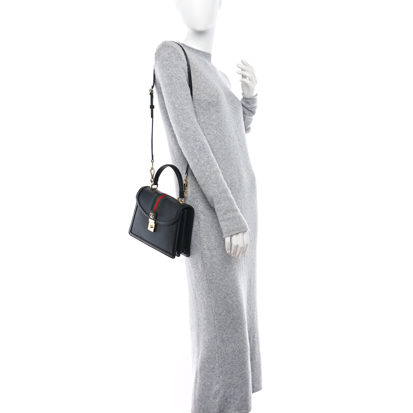 Textured Dollar Calfskin Web Small Ophidia Padlock Top Handle Bag Black