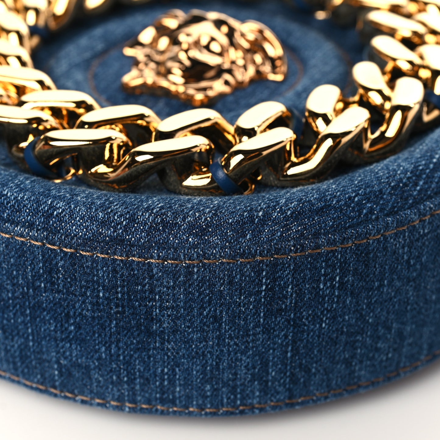 Denim Mini La Medusa Chain Round Crossbody Bag Navy Blue