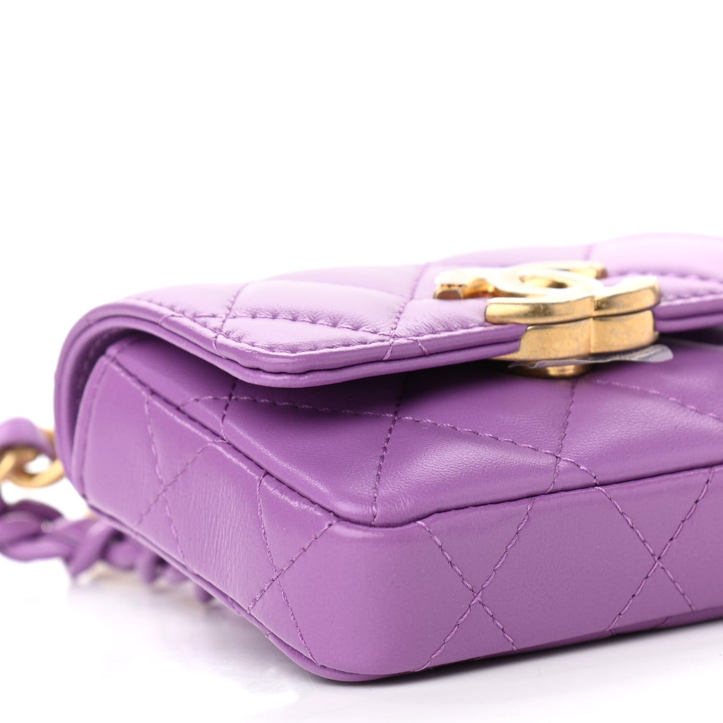 Lambskin Lacquered Metal Quilted Flap Chain Belt Bag Purple