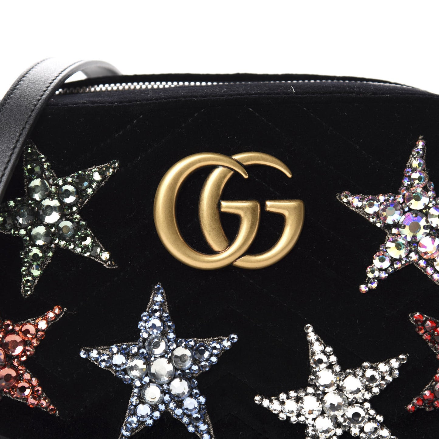 Velvet Matelasse Crystal Star Embroidered Small GG Marmont Chain Shoulder Bag Black