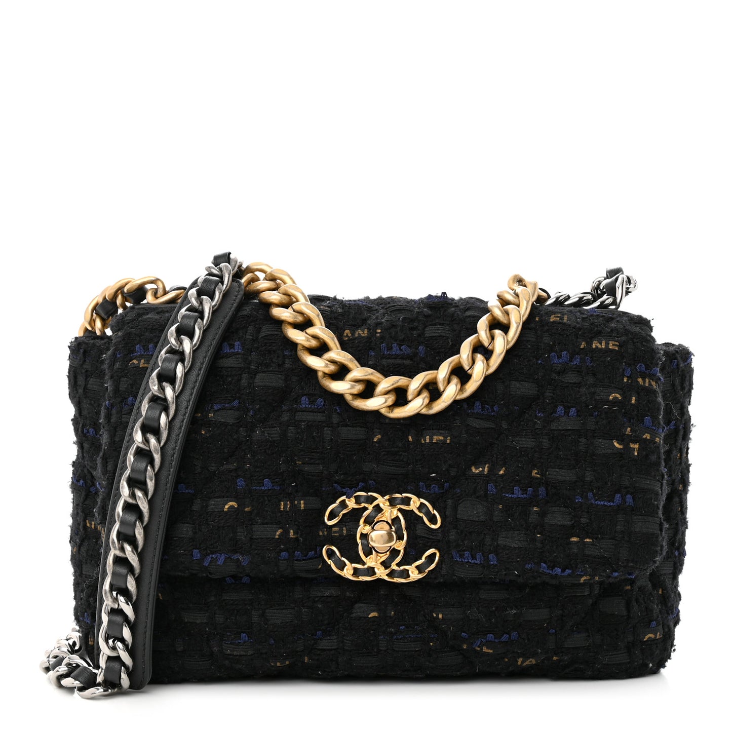 Tweed Quilted Medium Chanel 19 Flap Black Navy Gold