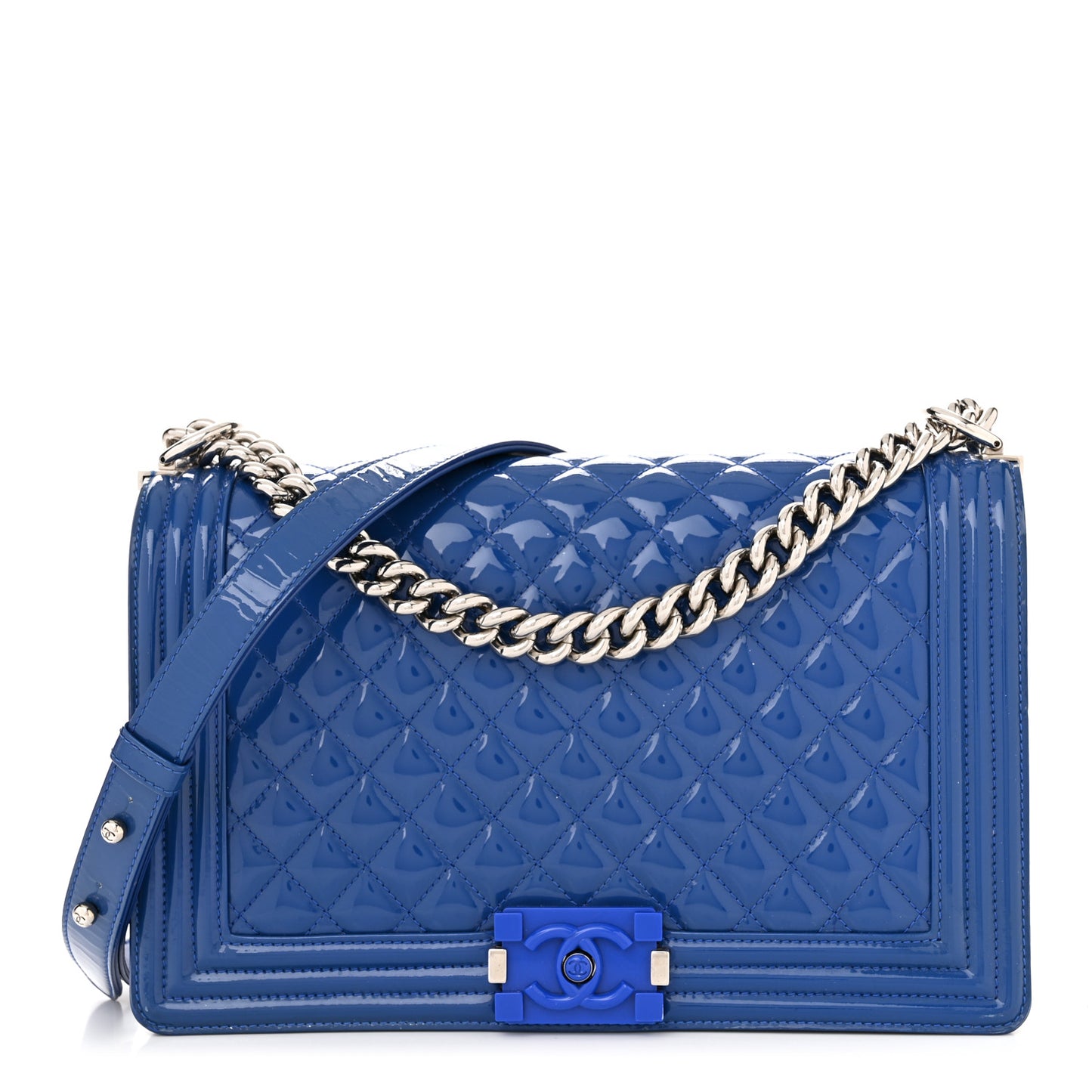 Patent Calfskin Quilted New Medium Plexiglass Boy Flap Blue