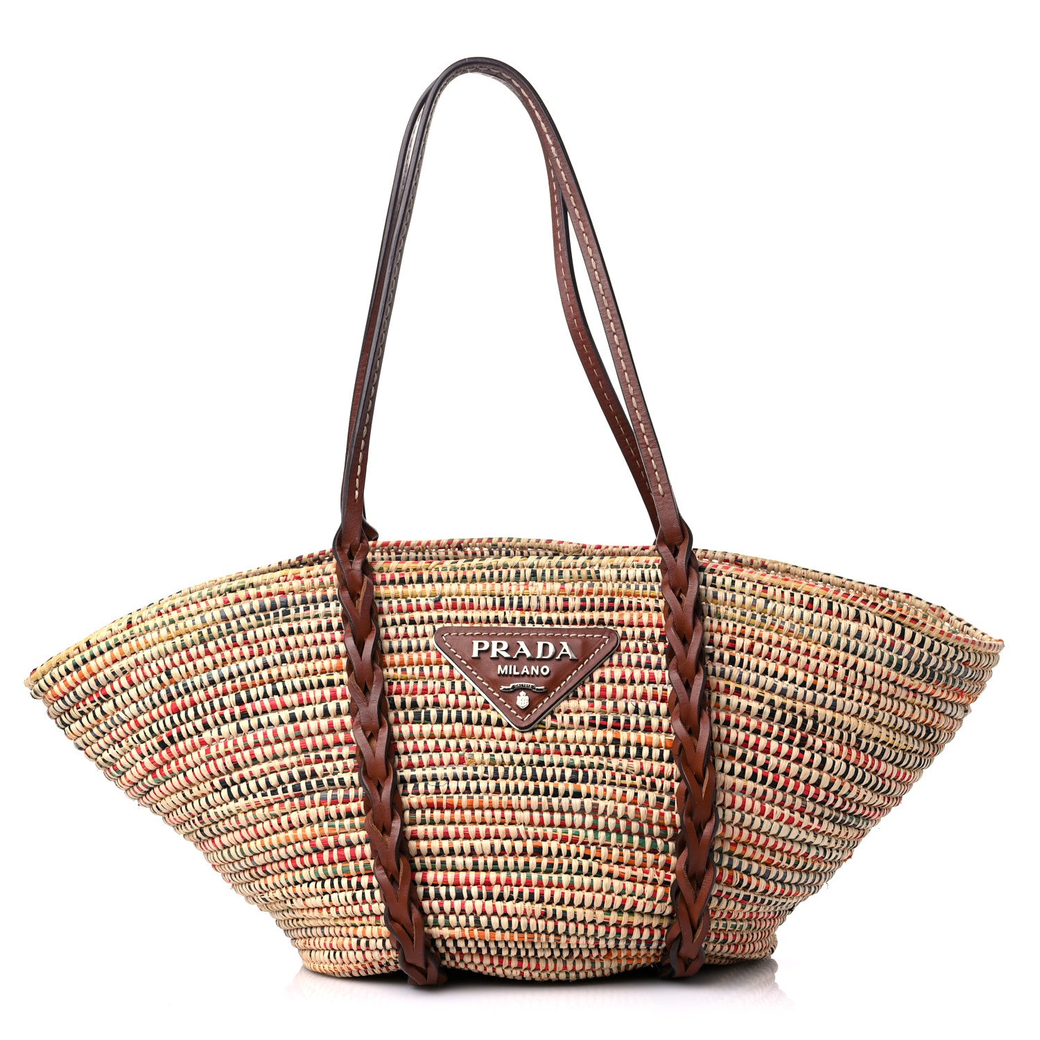 Prada Paglia Vitello Woven Braided Basket Tote Multicolor Cognac