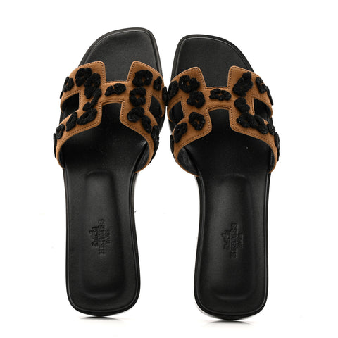 Suede Goatskin Tufted Leopard Womens Oran Sandals 39 Brun Fume Black