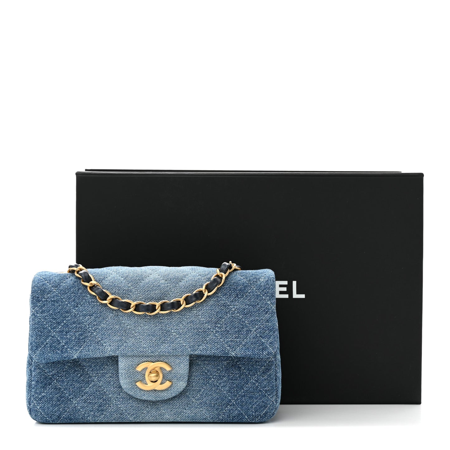 Washed Denim Quilted Mini Rectangular Flap Blue