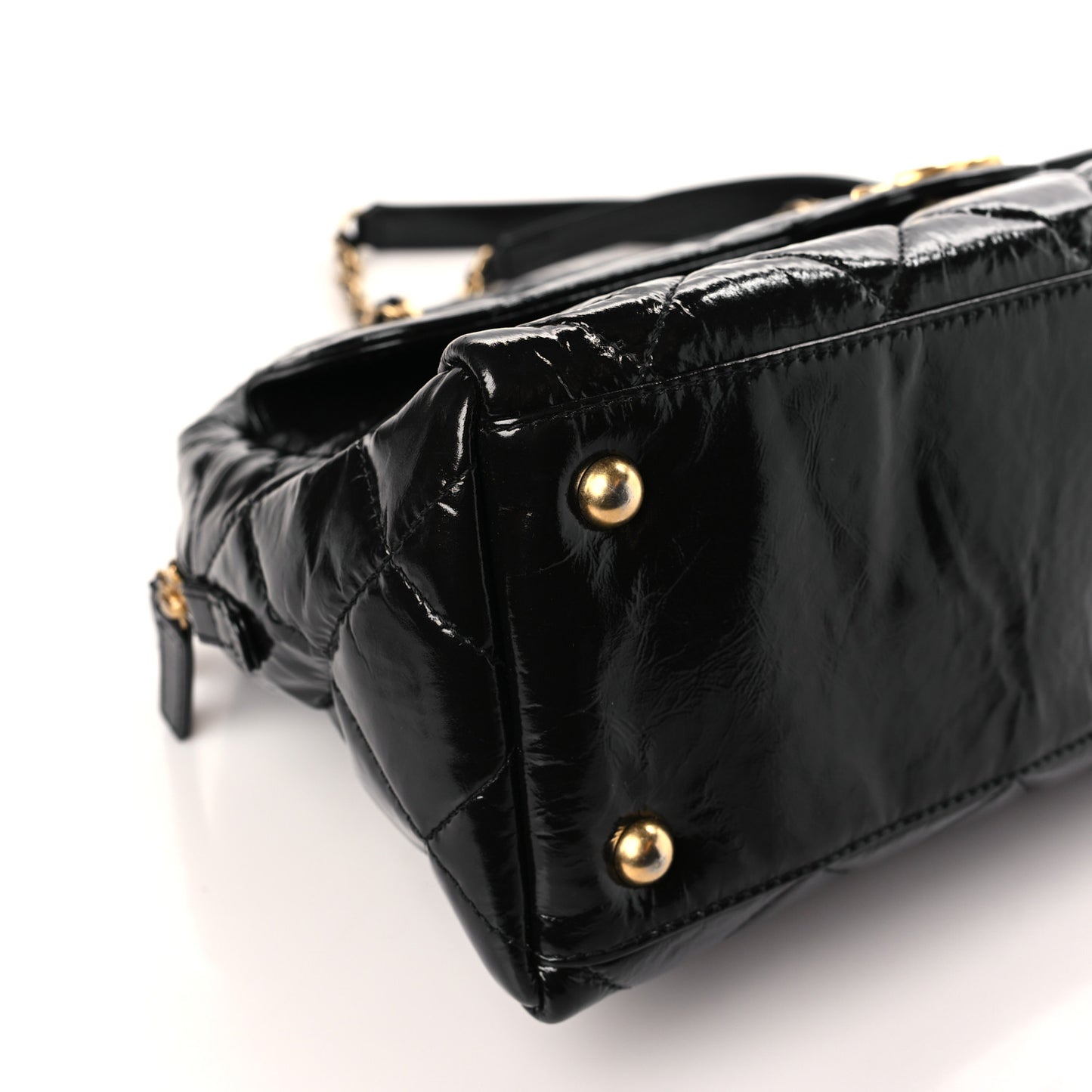 Shiny Crumpled Calfskin Quilted Large Bowling Bag Black