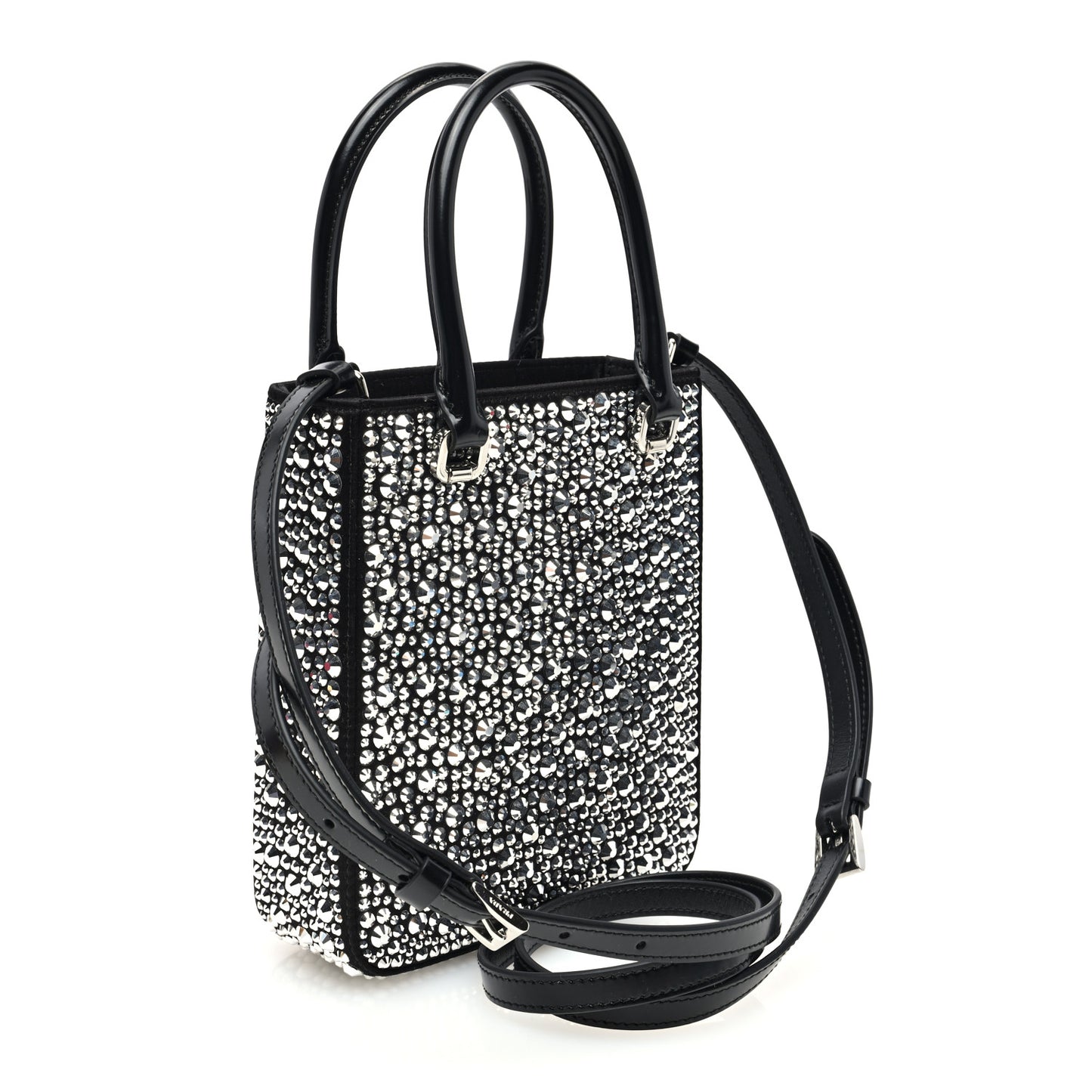 Satin Crystal Metal Triangle Logo Small Double Handle Crossbody Tote Metal